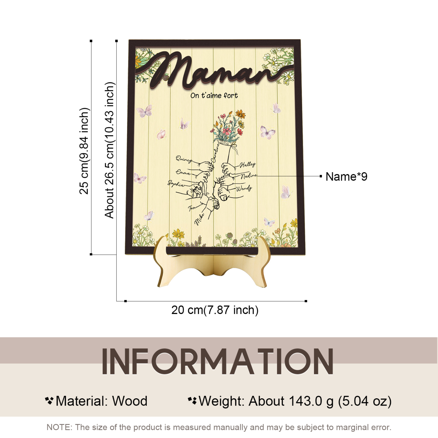 À Maman - Décoration en bois la Main dans la Main 9 Prénoms Personnalisés Ornement Famille