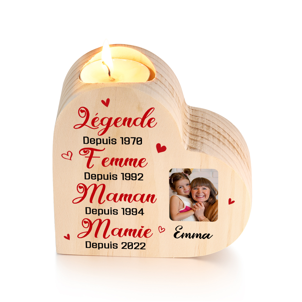 À Ma Mamie - Bougeoir en Bois 1 Prénom et 4 Années Personnalisés avec Photo sans bougie