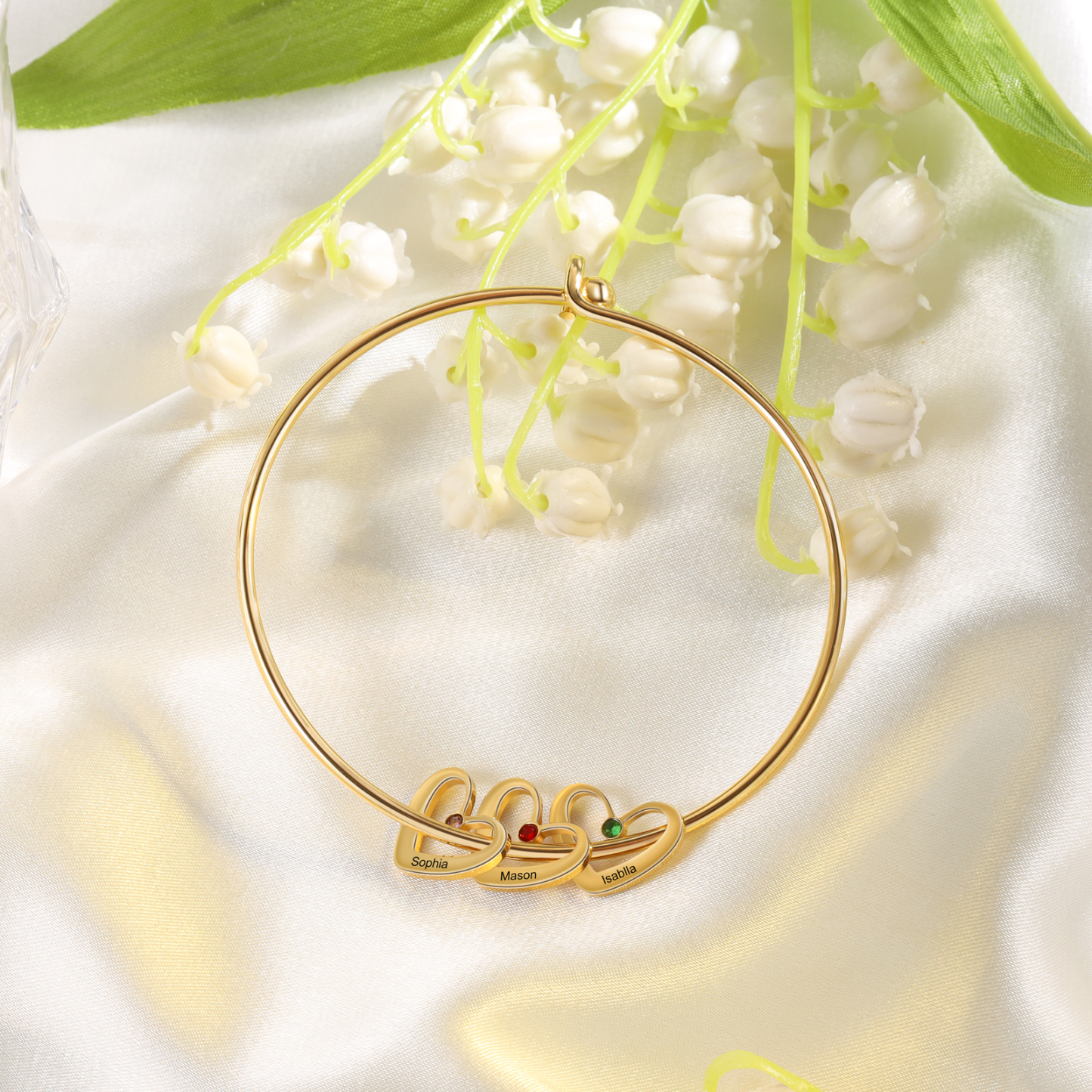Bracelet jonc 3 prénom Pendentifs Personnalisé Coeur avec 3 Pierre de Naissance