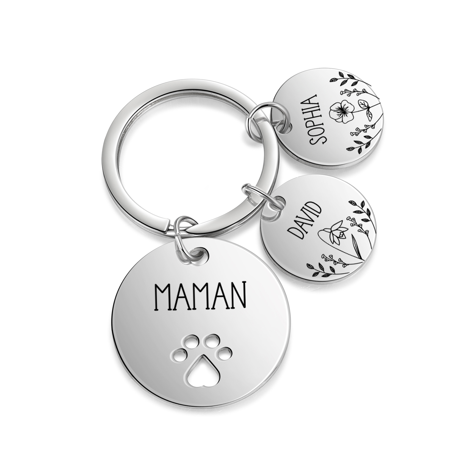 Porte-Clés patte 2 Prénoms et 1 Texte Personnalisés avec Fleur de Naissance