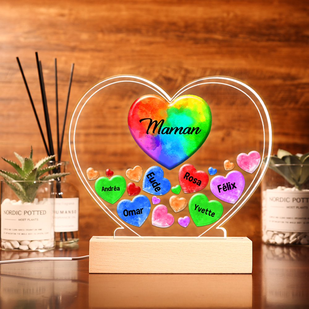À Ma Maman/Mamie -  Lampe de chevet LED Lumières Cœur 1-14 Prénoms Personnalisés avec 2 Textes