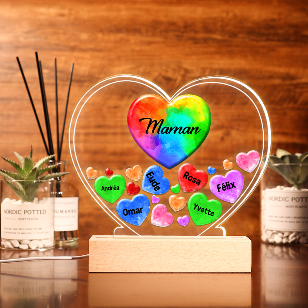 À Ma Maman/Mamie -  Lampe de chevet LED Lumières Cœur 1-14 Prénoms Personnalisés avec 2 Textes