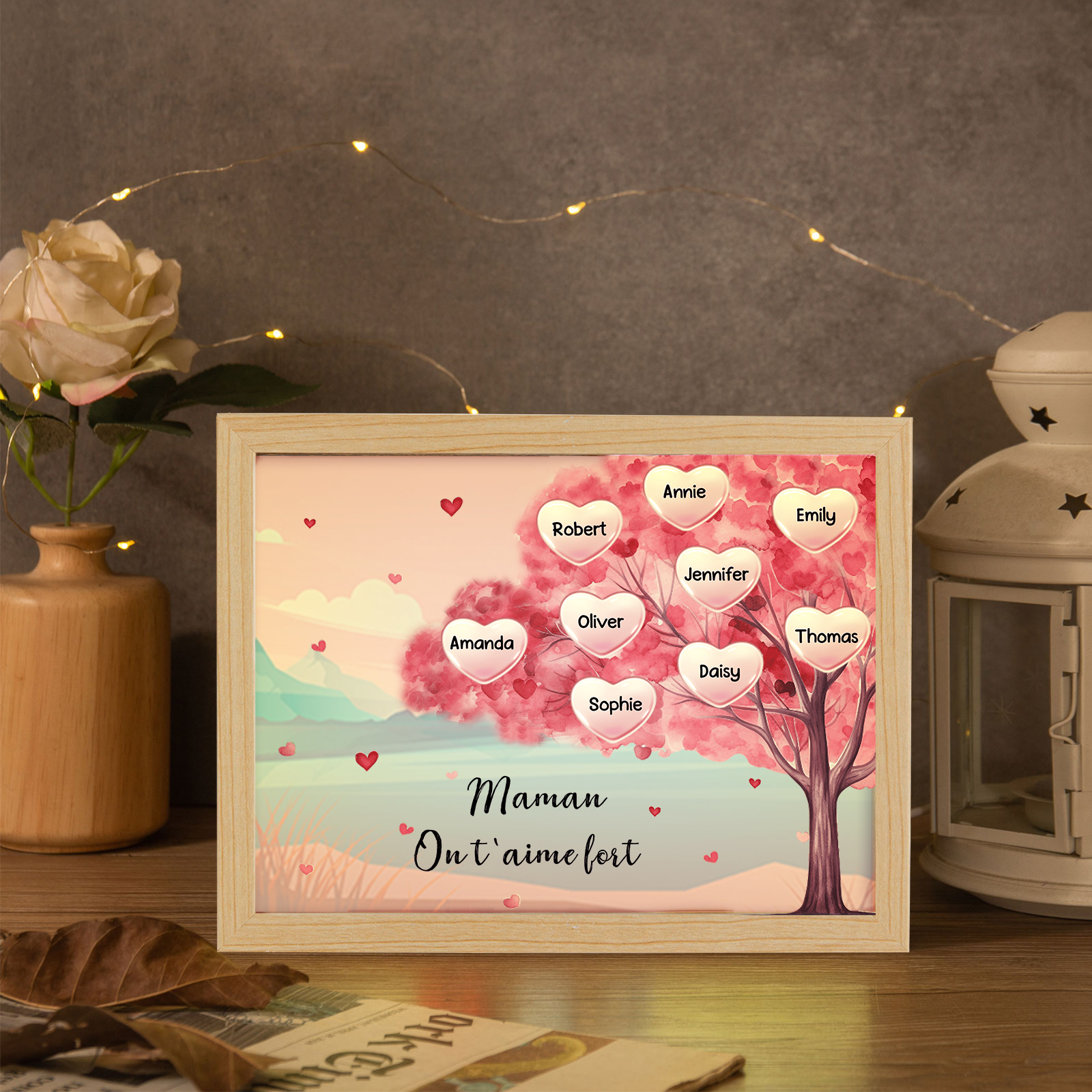 Cadre Photo LED Arbre 9 Prénoms Personnalisés avec 1 Texte Décoration Famille