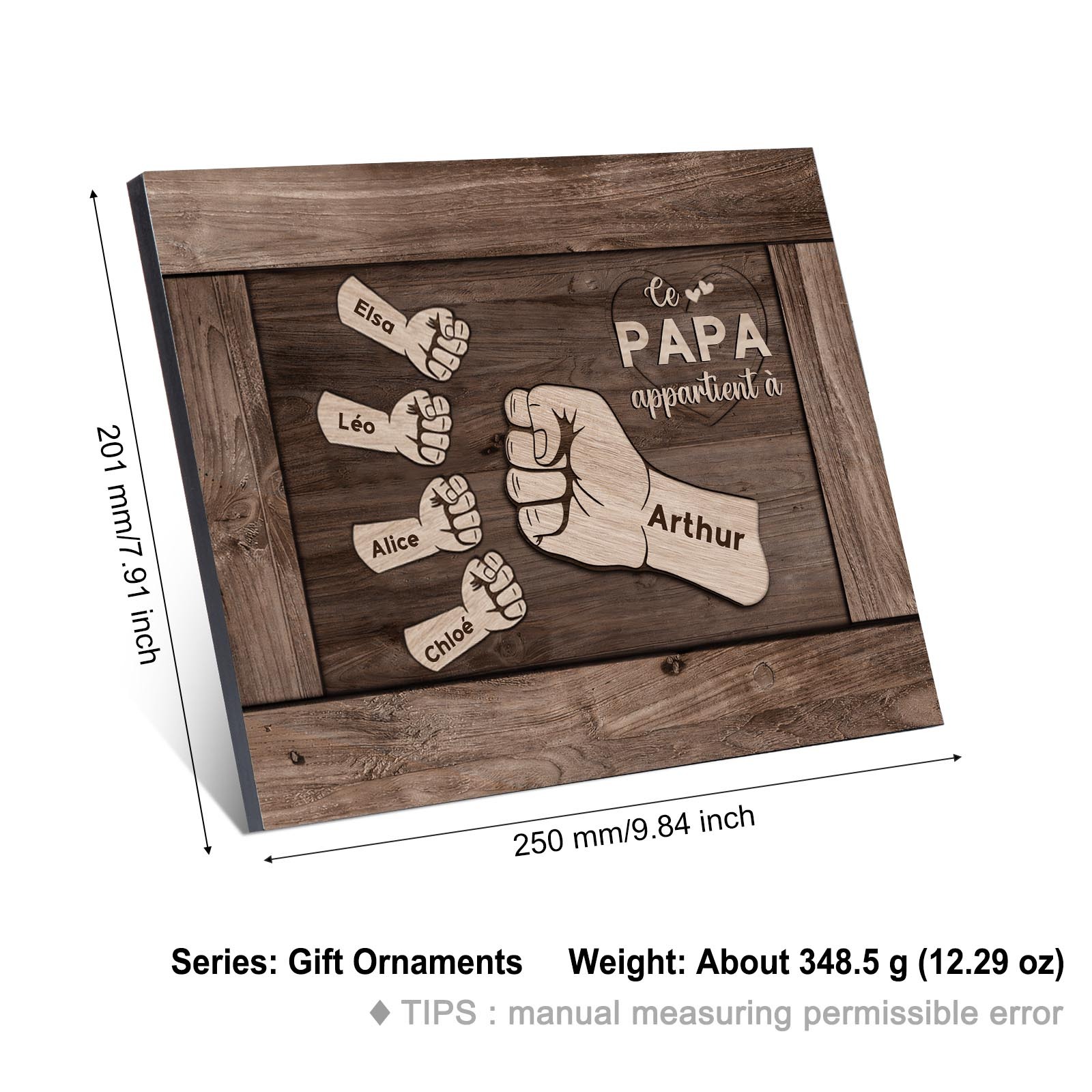 À Mon Papa/Papy-Cadre Imprimé en Bois Poings 5 Prénoms Personnalisés avec Texte