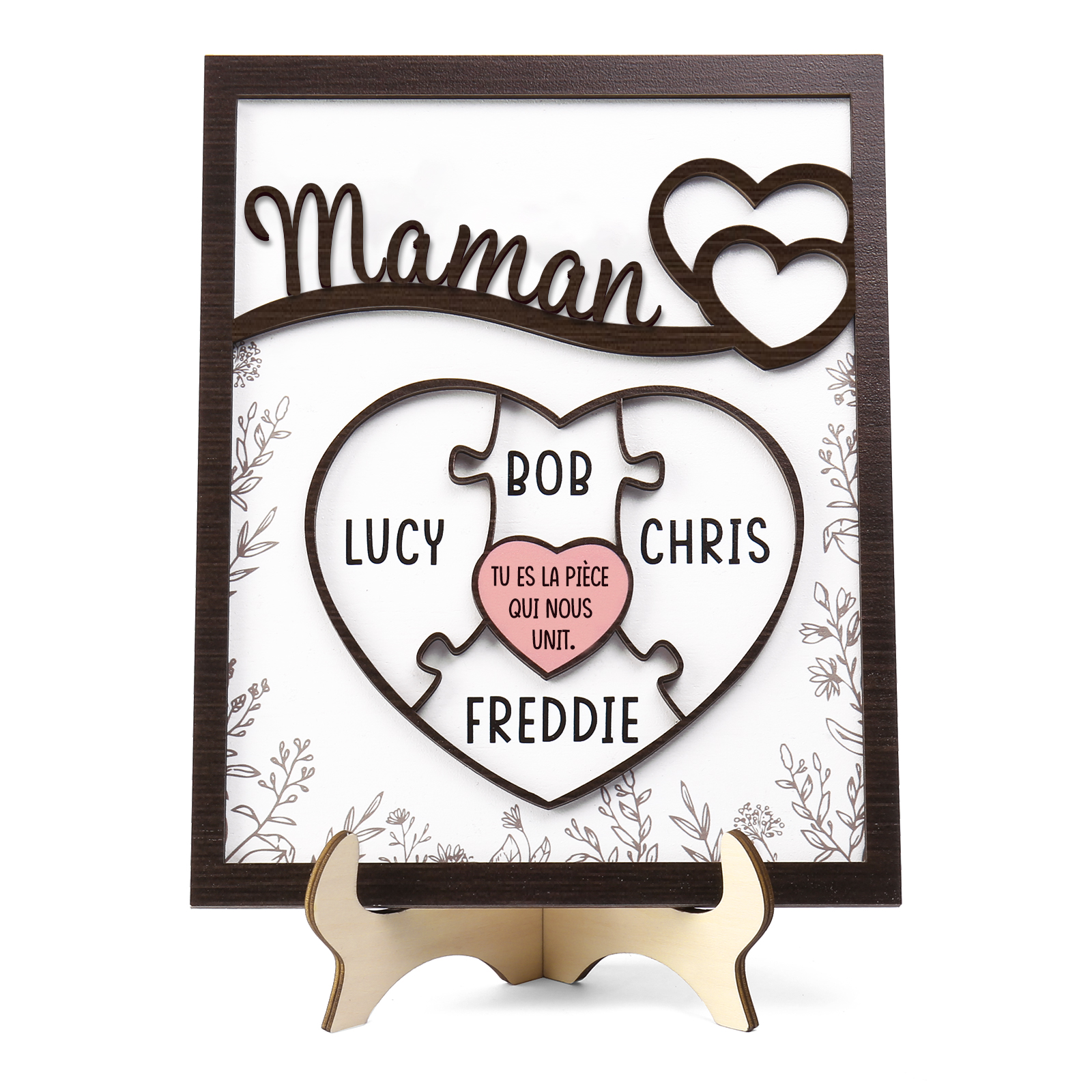 À ma Maman - Décoration en bois Cœur et Puzzle 4 Prénoms Personnalisés Ornement pour Famille