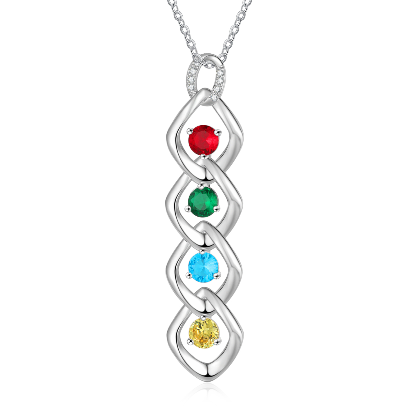 Collier Pendentif 4 Prénoms Personnalisés avec Pierre de naissance pour Femmes