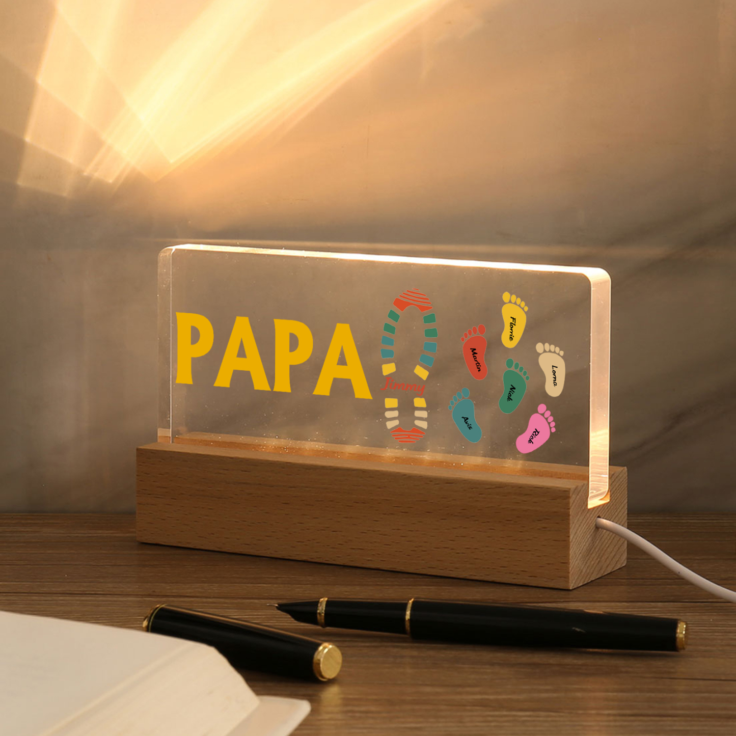 À mon Papa/Papi- Lampe de chevet LED Pieds Bébé 7 Prénoms Personnalisés avec Texte