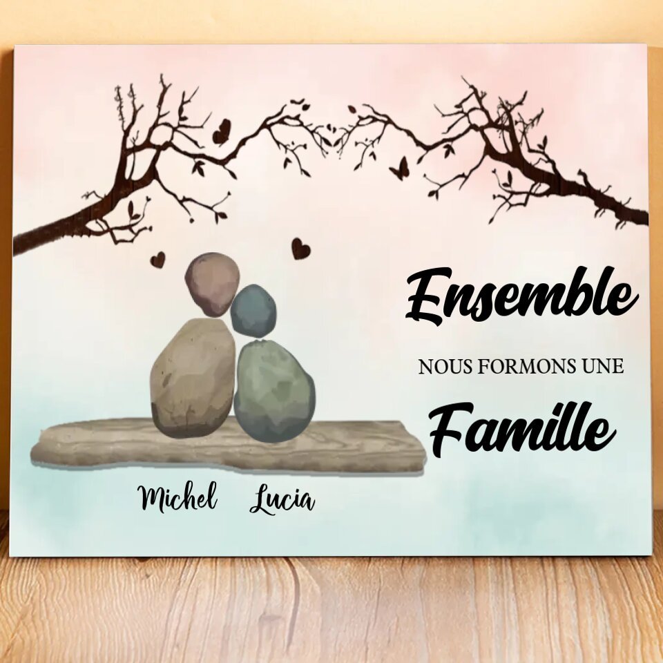 Tableau en Bois Personnalisé Famille en Galets avec Prénoms pour couple ou Famille – « Ensemble, nous formons une famille »