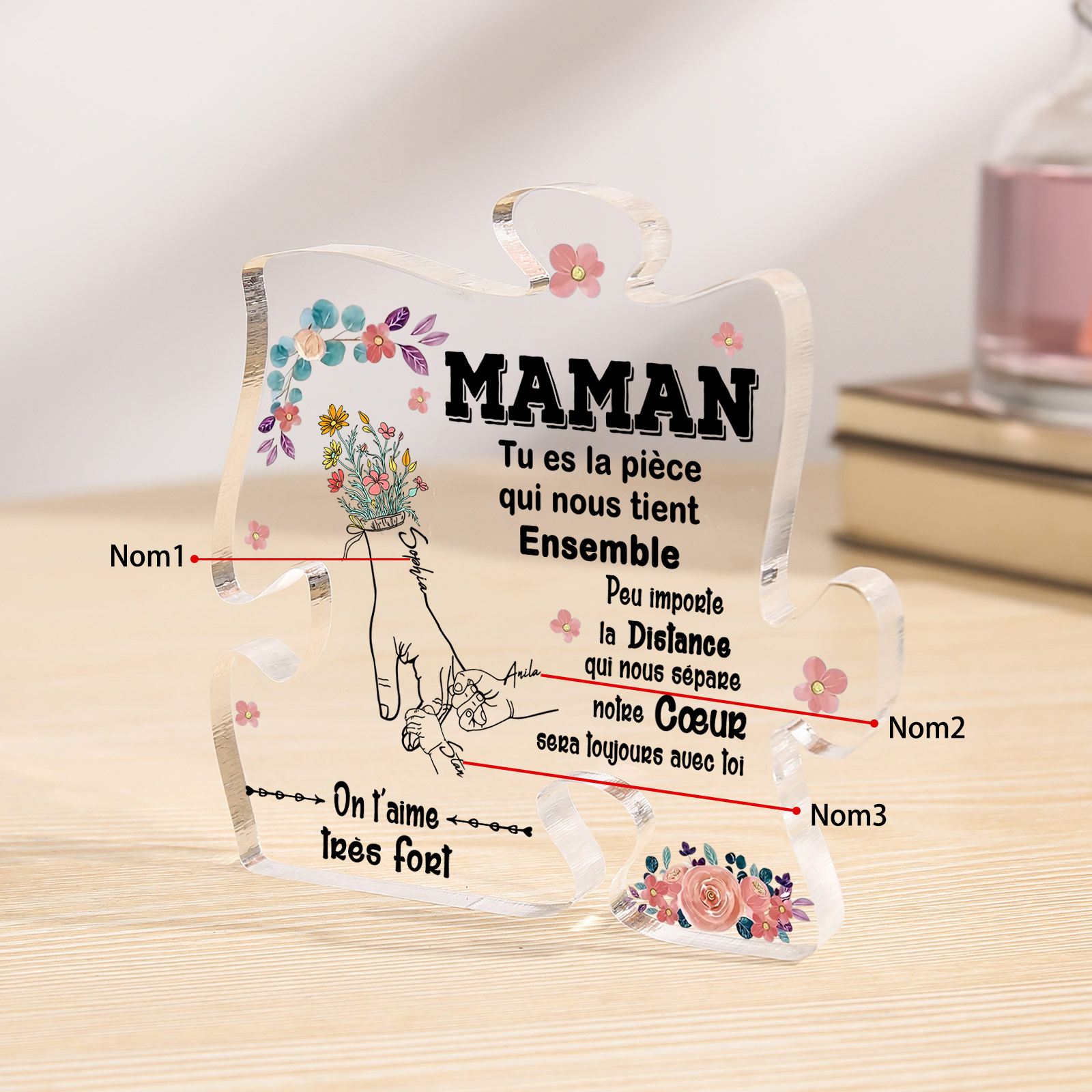 À ma Maman - Plaque Acrylique en forme de Puzzle 3 Prénoms Personnalisés la Main dans la Main