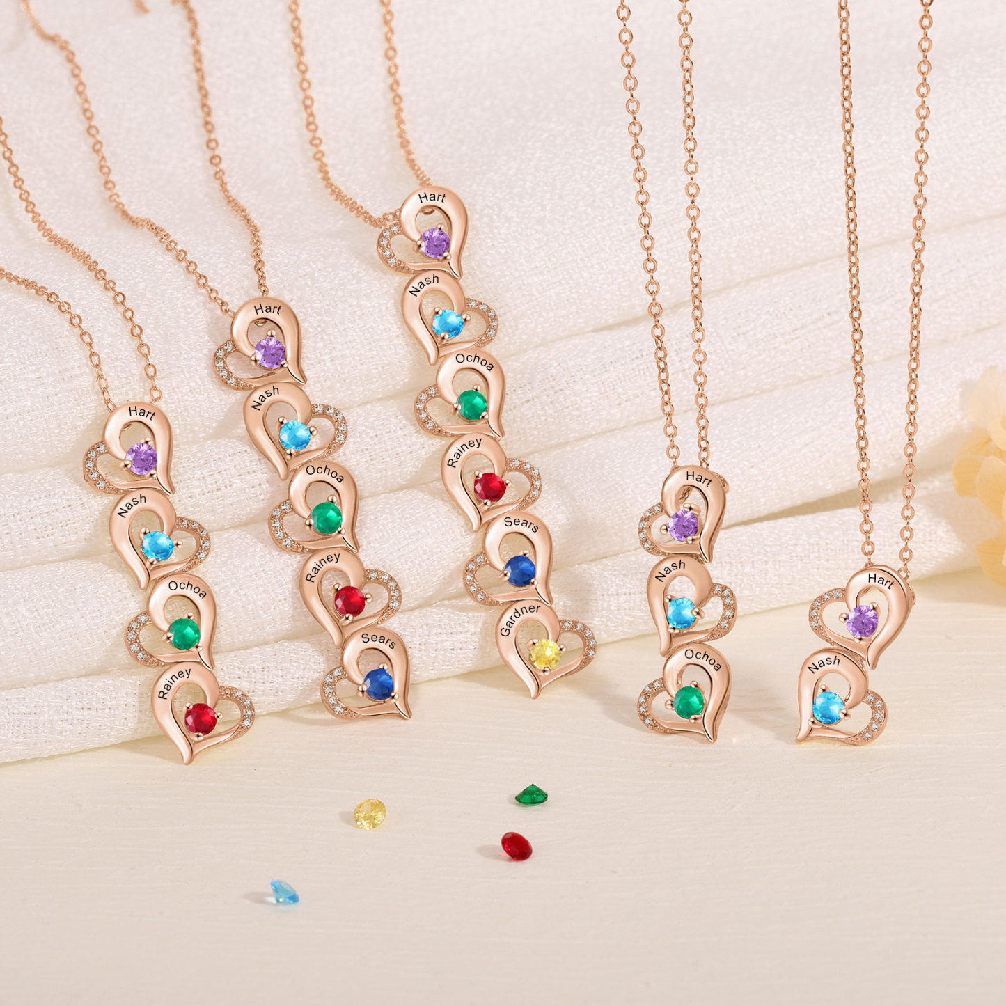 Collier Coeur 2 Prénoms Personnalisés avec Pierre de naissance Or/Or Rose pour Femmes|Jessemade
