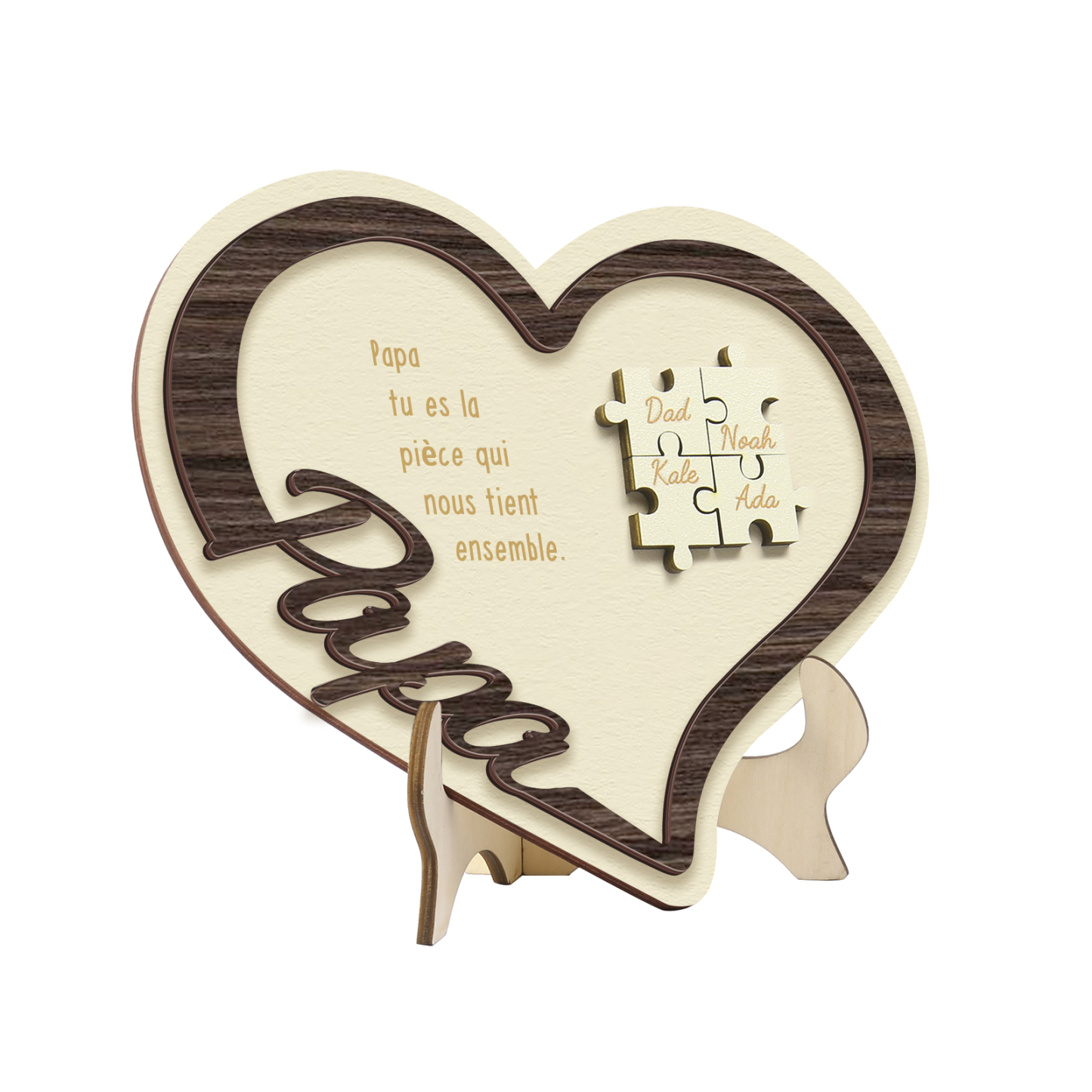 À mon Papa - Décoration en bois Cœur Puzzle 4 Prénoms Personnalisés Ornement pour Famille
