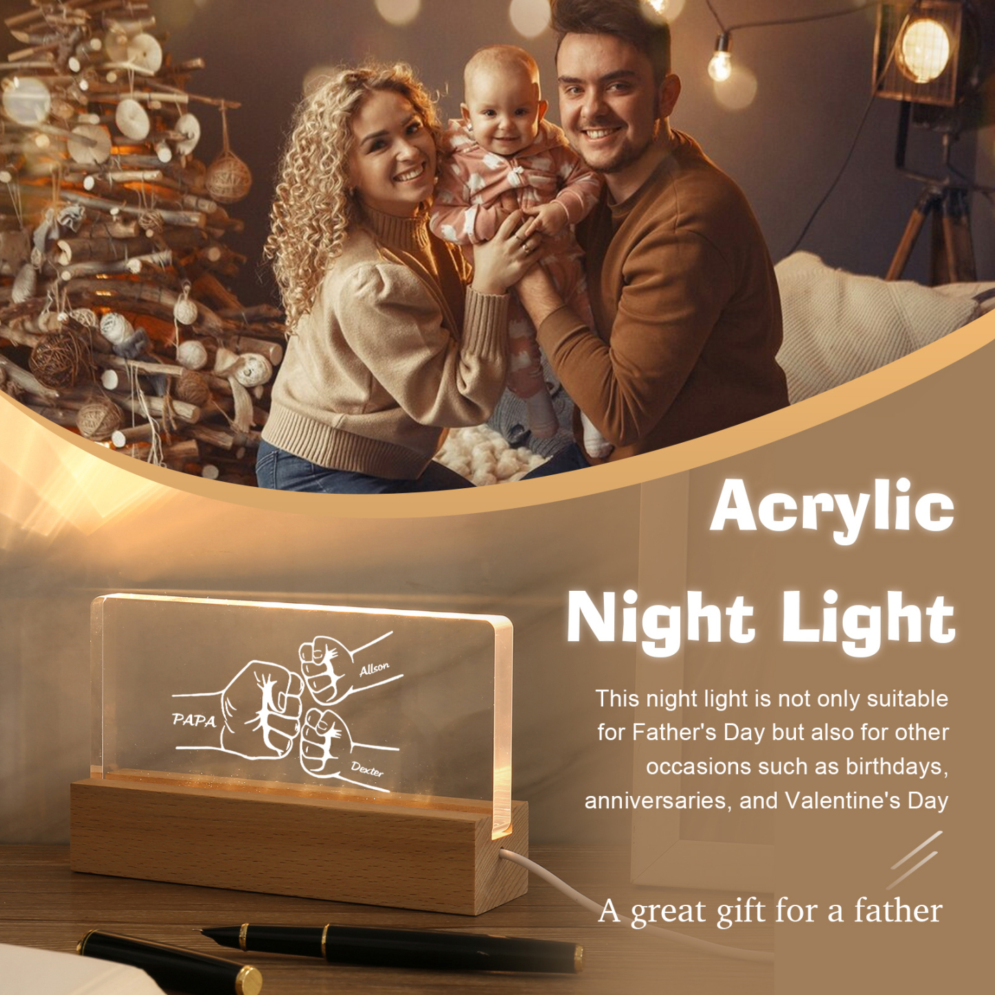 À mon Papa/Papi- Lampe de chevet LED Poings 3 Prénoms Personnalisés