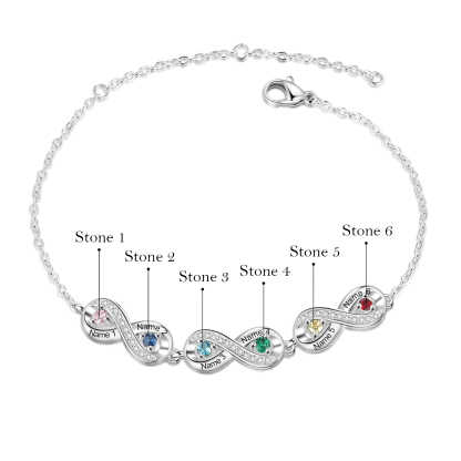 Bracelet Infini 6 Prénoms Personnalisé avec 6 Pierres de Naissance
