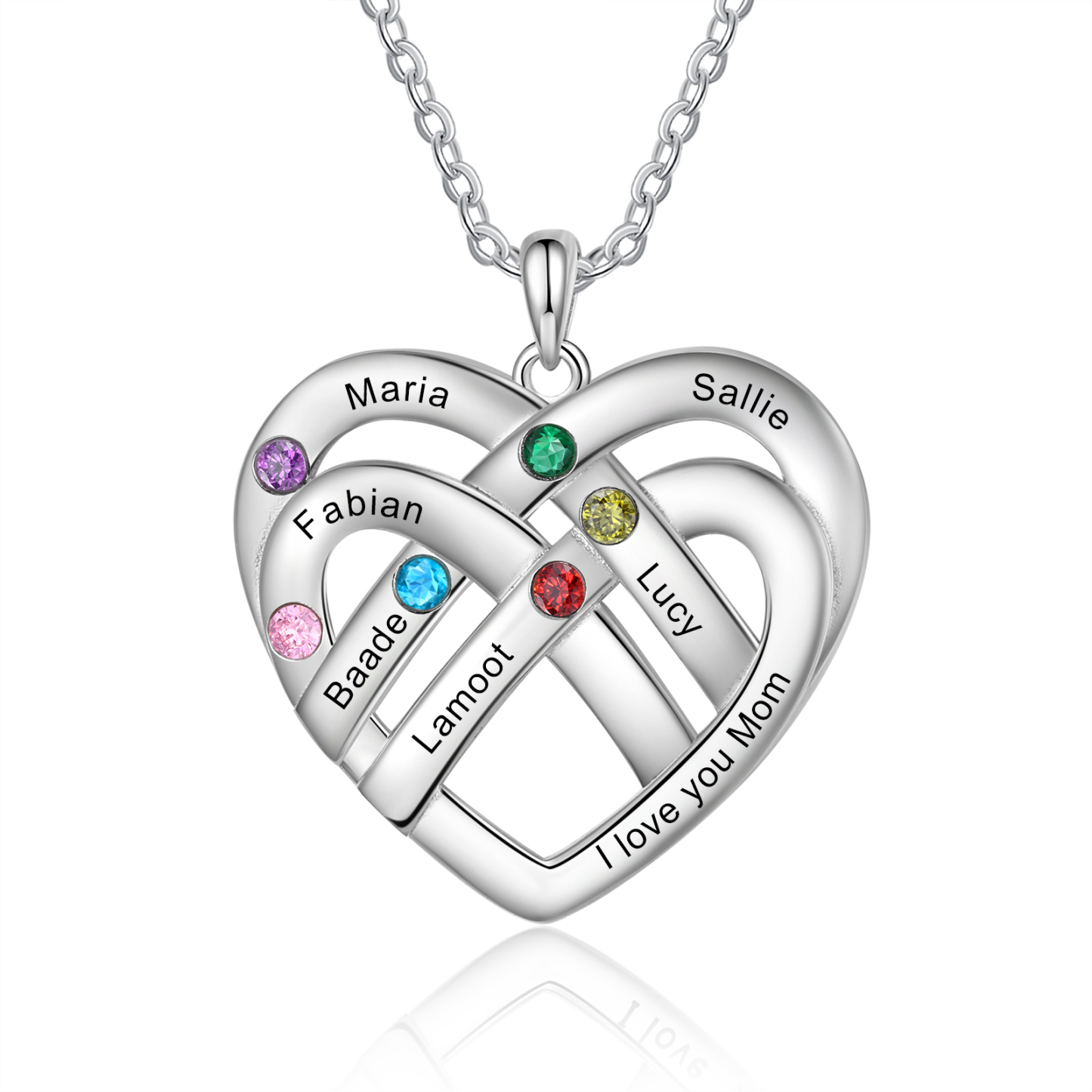 Collier Pendentif Cœur 6 Prénoms et 1 Texte Personnalisés avec 6 Pierres de Naissance Collier Femmes