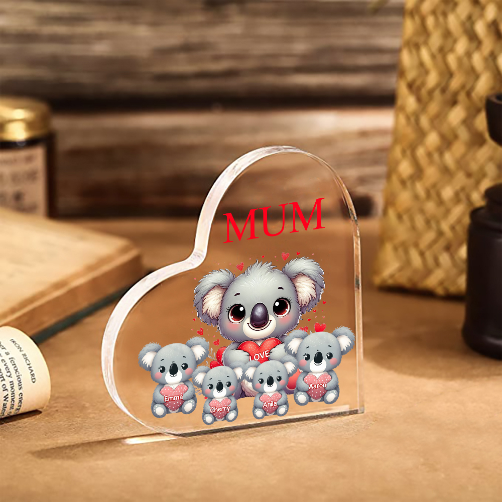 À ma Maman/Mamie - Plaque Acrylique en Forme de Cœur Koala 4 Prénoms Personnalisés avec 1 Texte