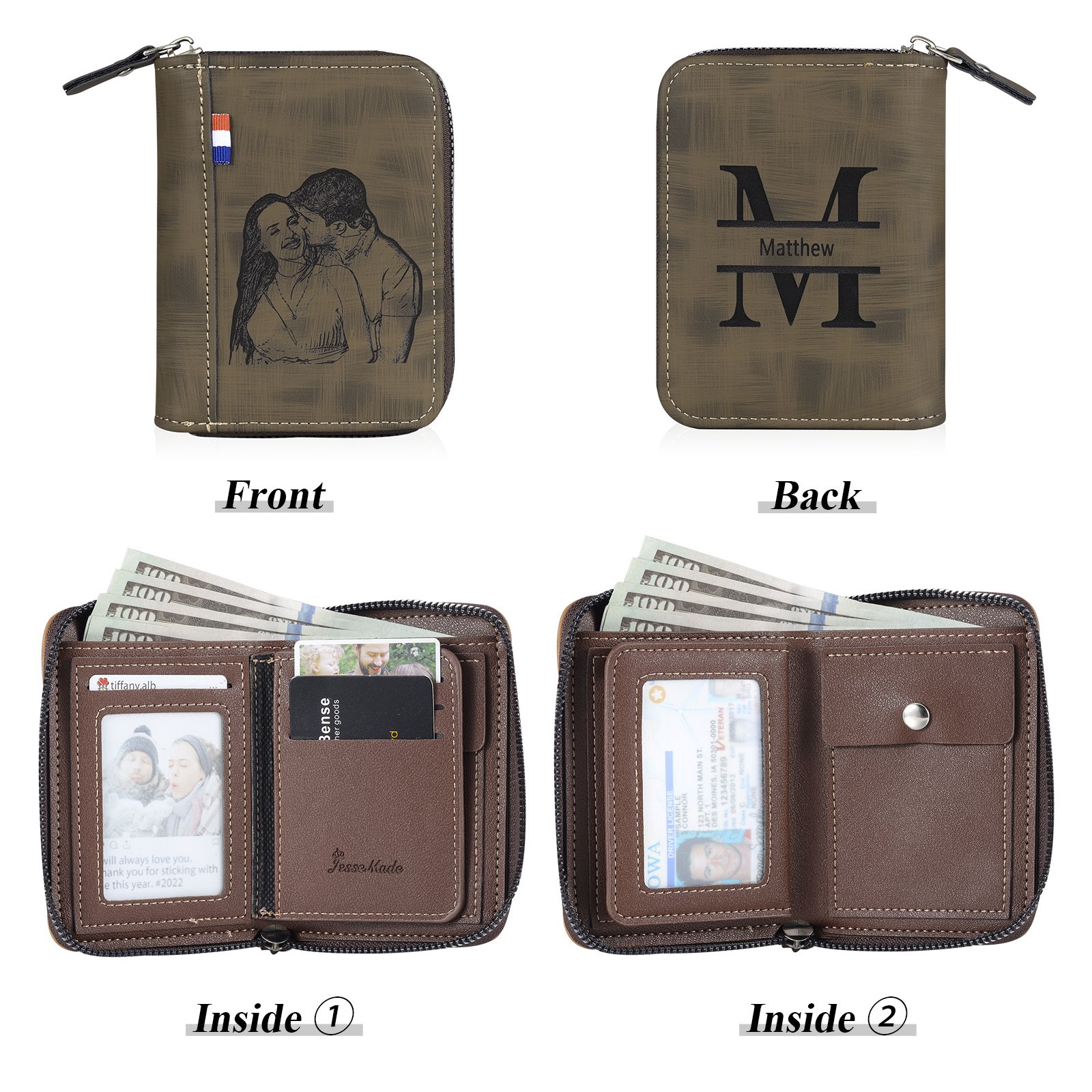 Portefeuille Classique 1 Prénom et Lettre Personnalisés avec Photo Porte-Monnaie Carte