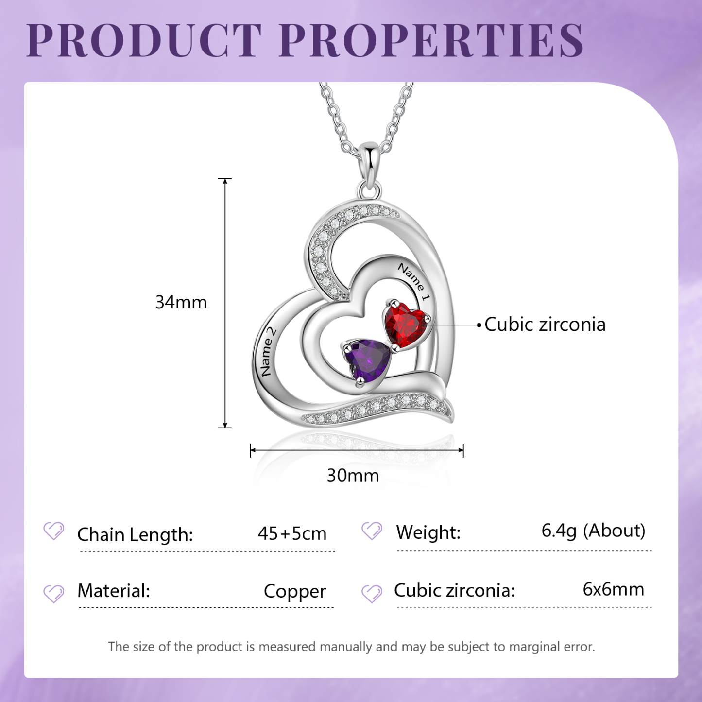 Collier Pendentif Cœur 2 Prénoms Personnalisés avec 2 Pierres de Naissance Collier Femmes