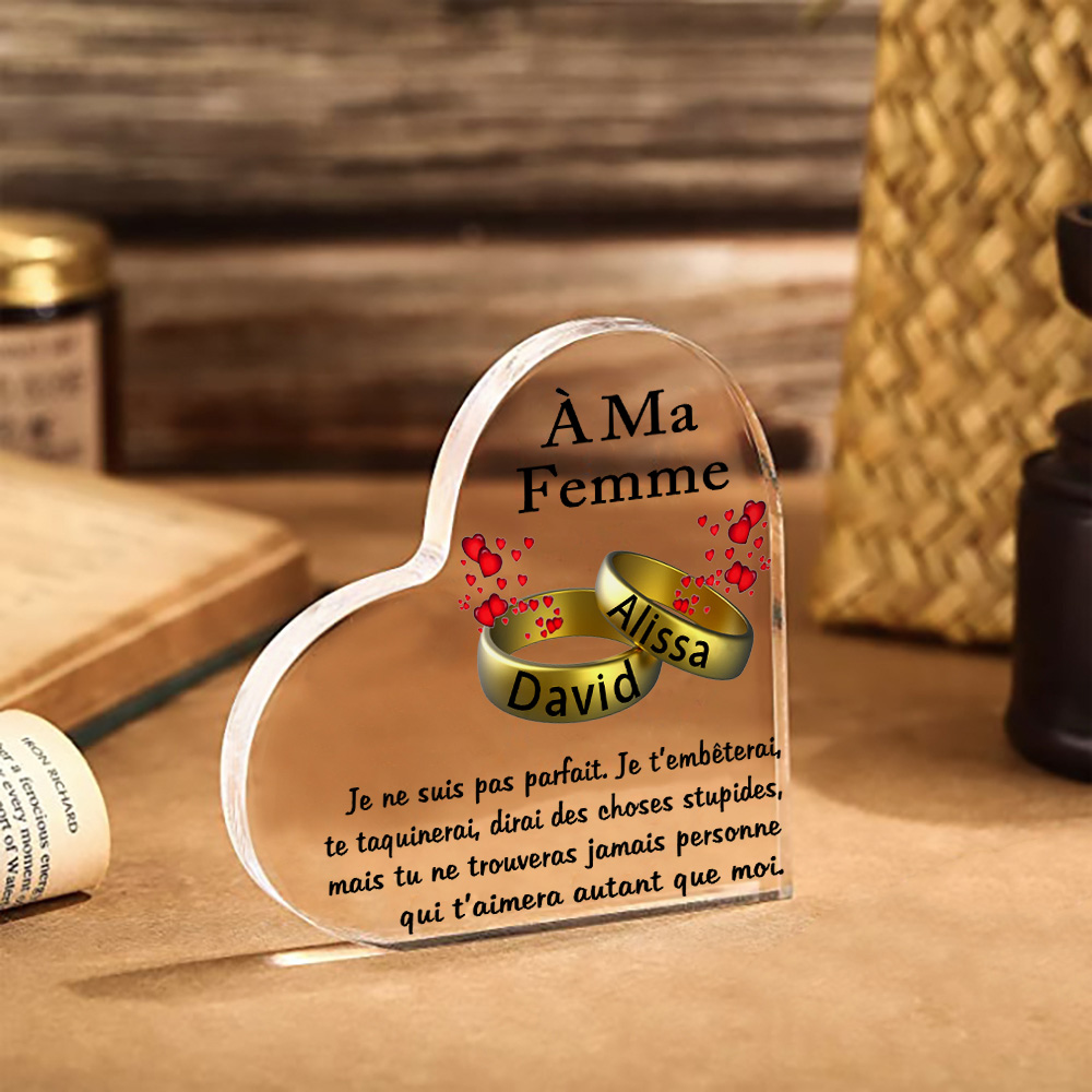 À Ma Femme-Plaque Acrylique en Forme de Cœur 2 Prénoms Personnalisés