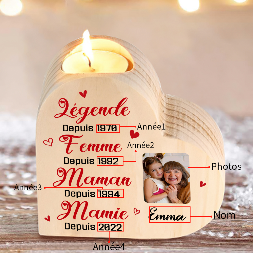 À Ma Mamie - Bougeoir en Bois 1 Prénom et 4 Années Personnalisés avec Photo sans bougie