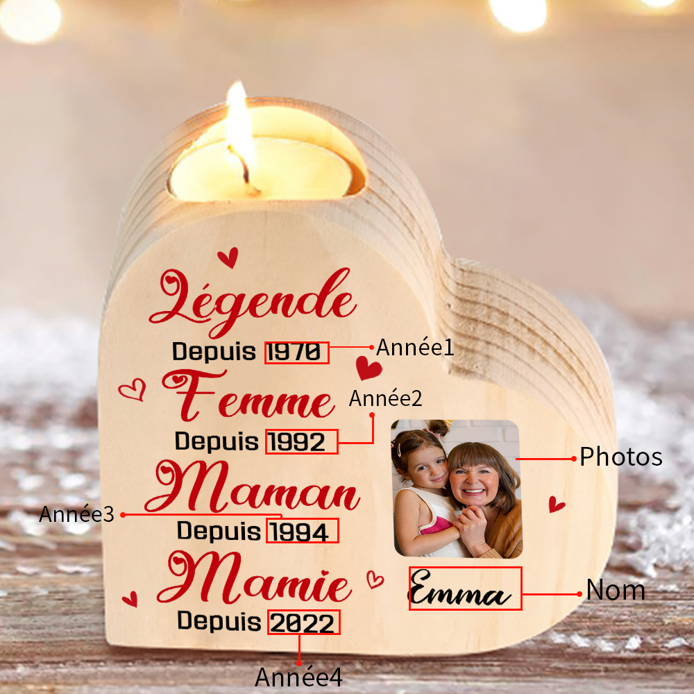 À Ma Mamie - Bougeoir en Bois 1 Prénom et 4 Années Personnalisés avec Photo sans bougie