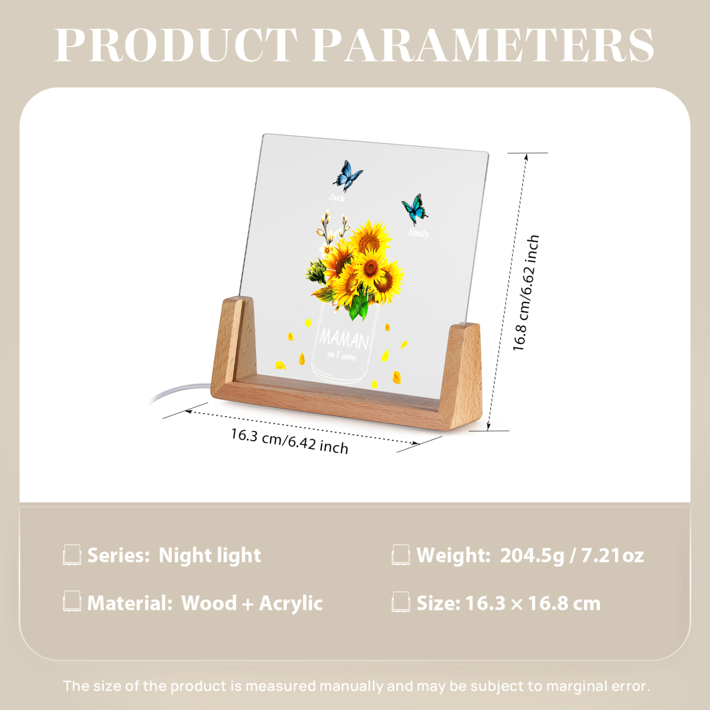 À Maman/Mamie - Lampe de chevet LED Tournesol 2 Prénoms Personnalisés avec 2 Textes pour Famille