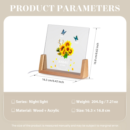 À Maman/Mamie - Lampe de chevet LED Tournesol 2 Prénoms Personnalisés avec 2 Textes pour Famille