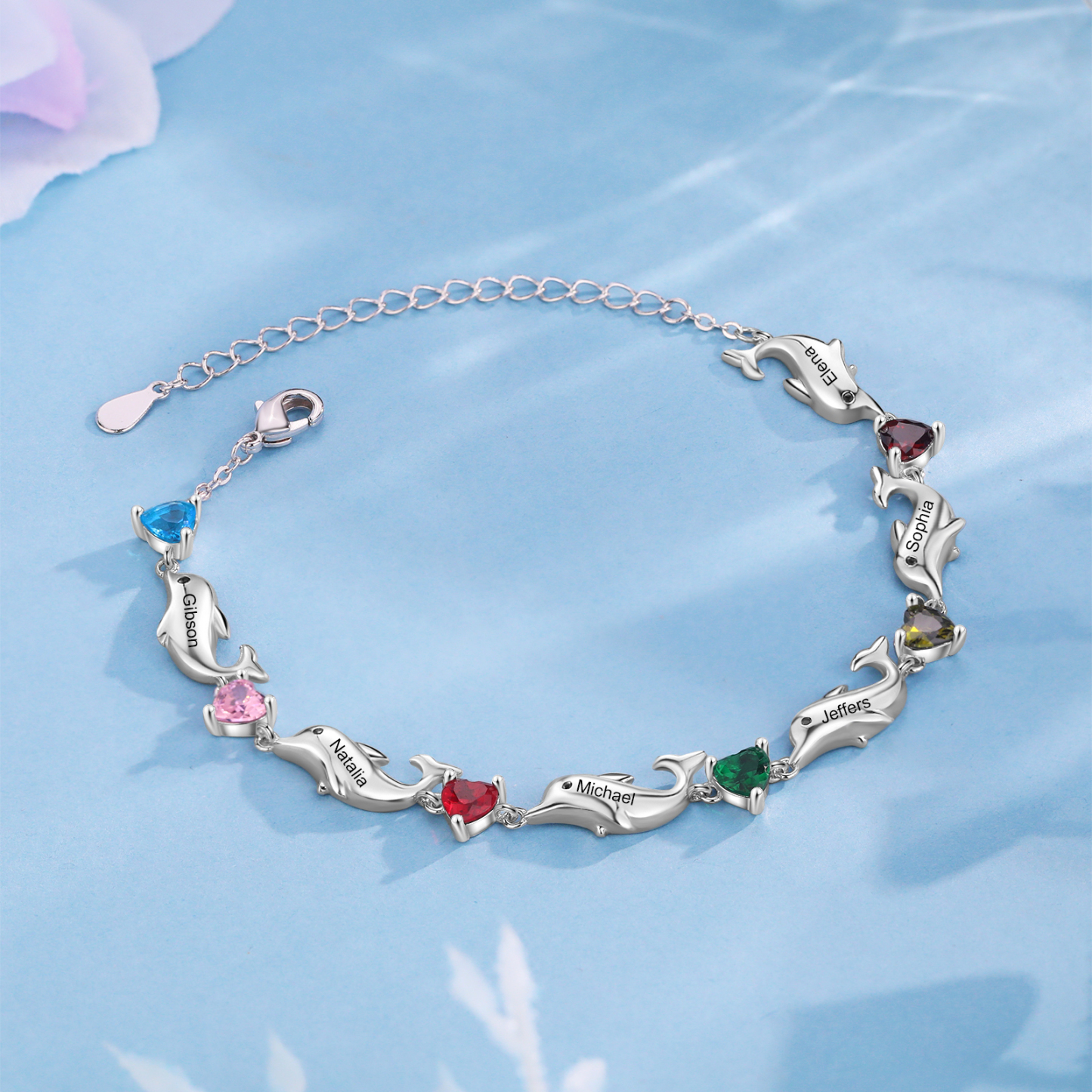 Bracelet dauphin 6 Prénoms Personnalisé avec 6 Pierres de Naissance
