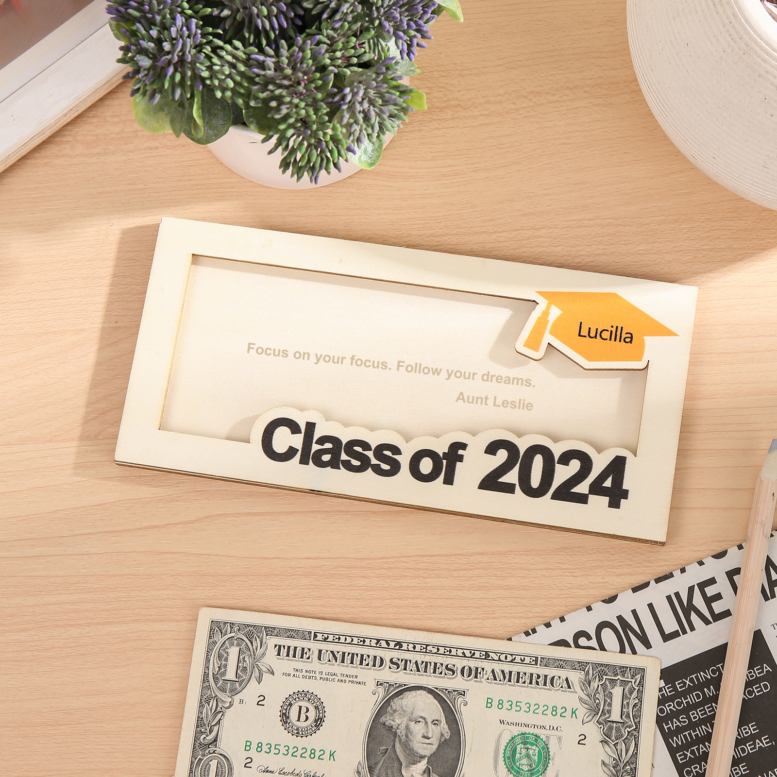 Porte-Cartes Diplômé en bois Prénom et Texte Personnalisés Cadeau de Graduation