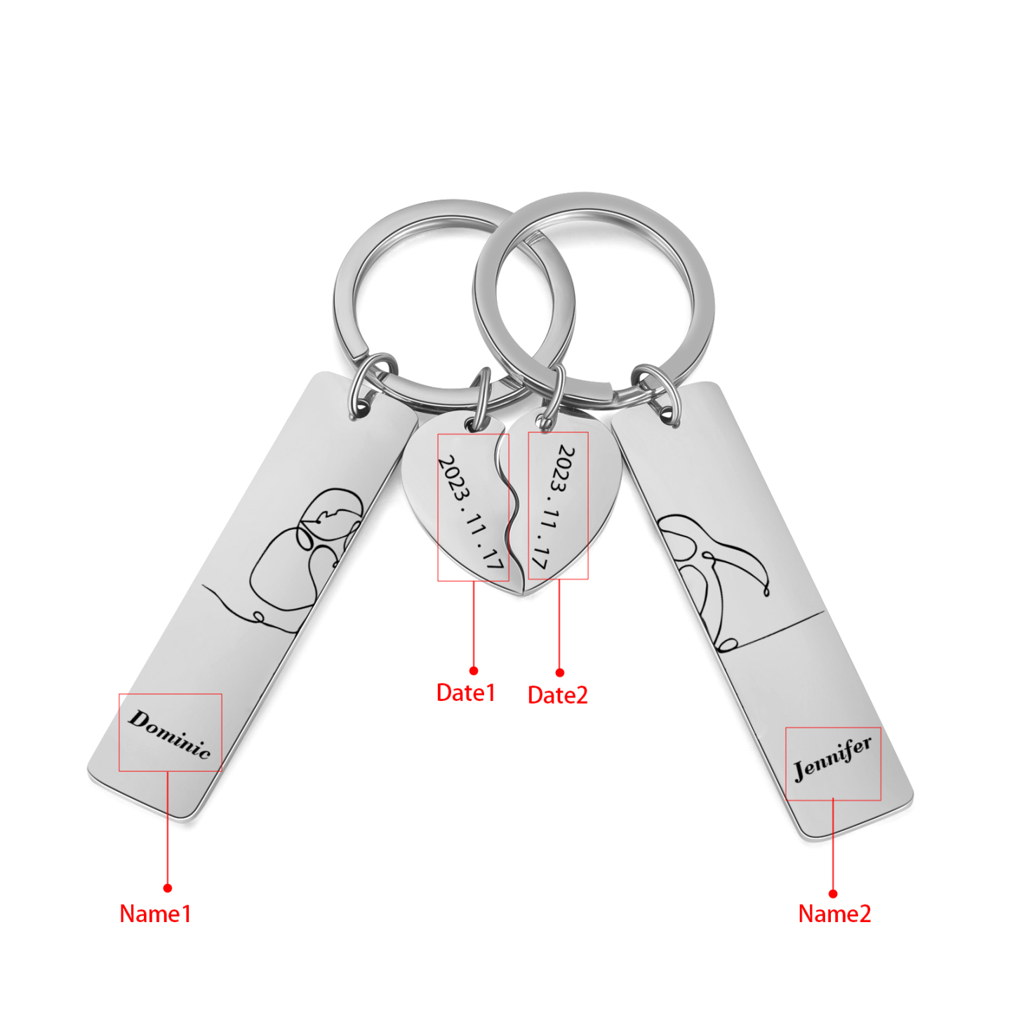 Porte-Clés 2 Prénoms Personnalisés avec 2 Dates Porte-Clés Cœur | Jessemade