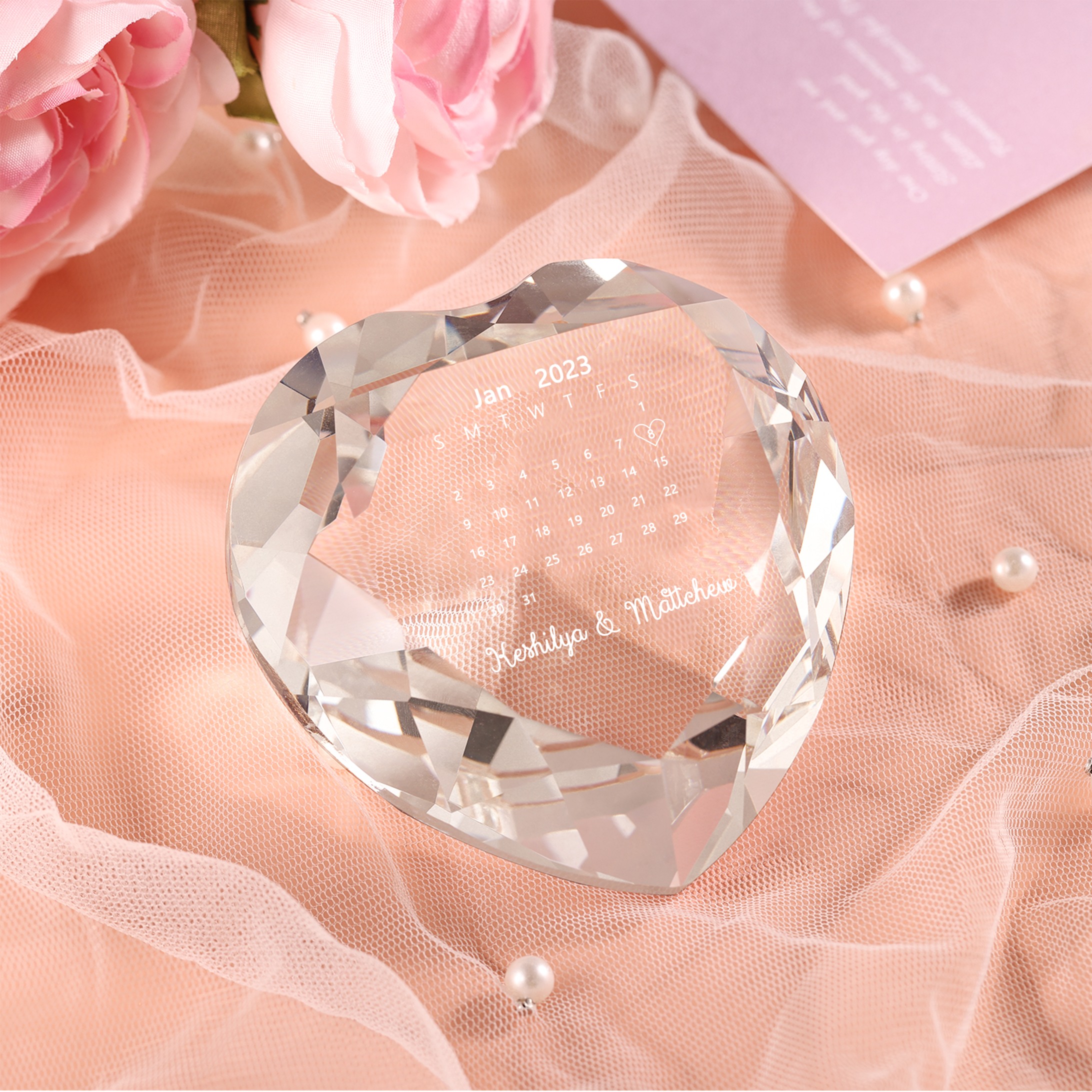 Décoration Cristal Cœur 2 Prénoms et 1 Date Personnalisés pour Couple