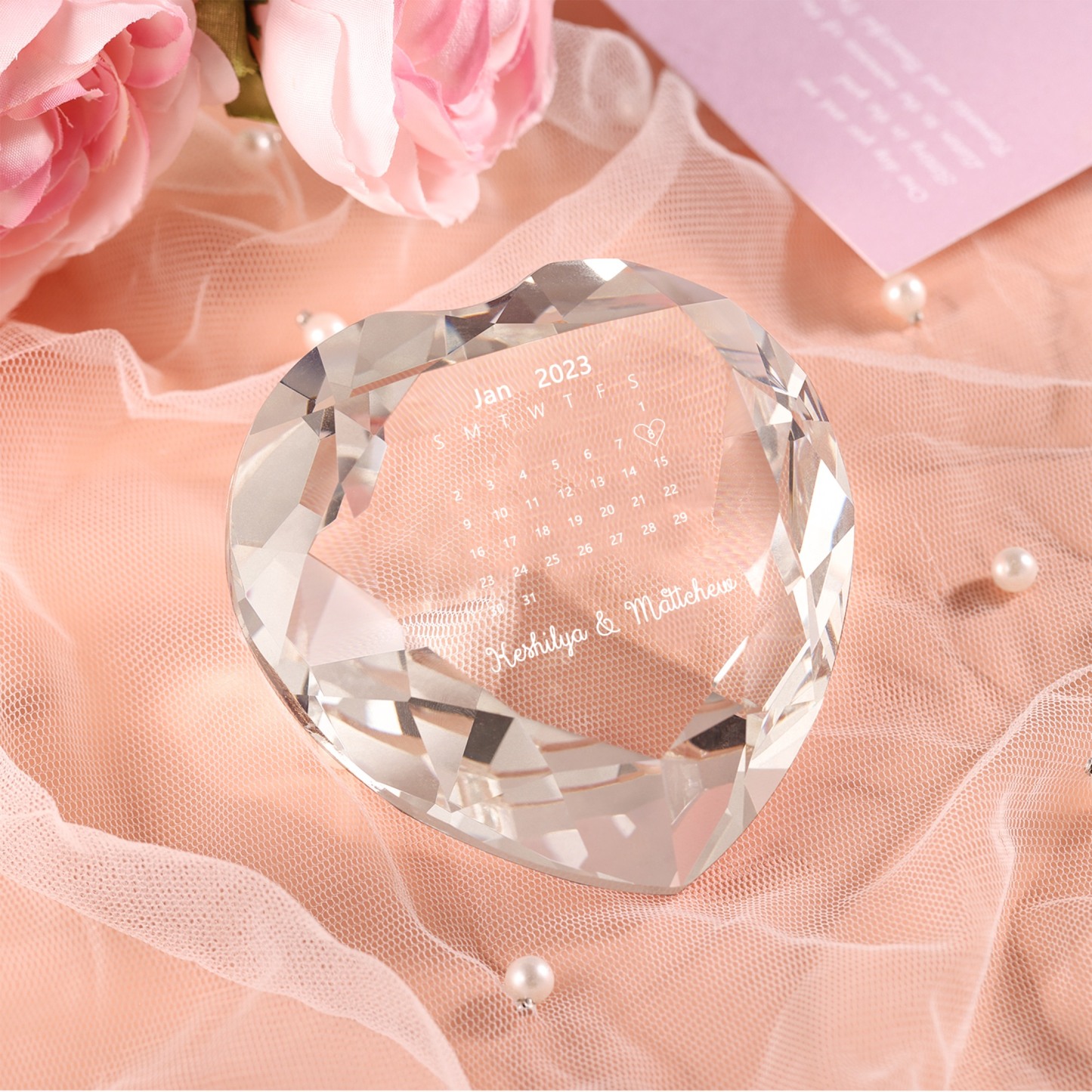 Décoration Cristal Cœur 2 Prénoms et 1 Date Personnalisés pour Couple