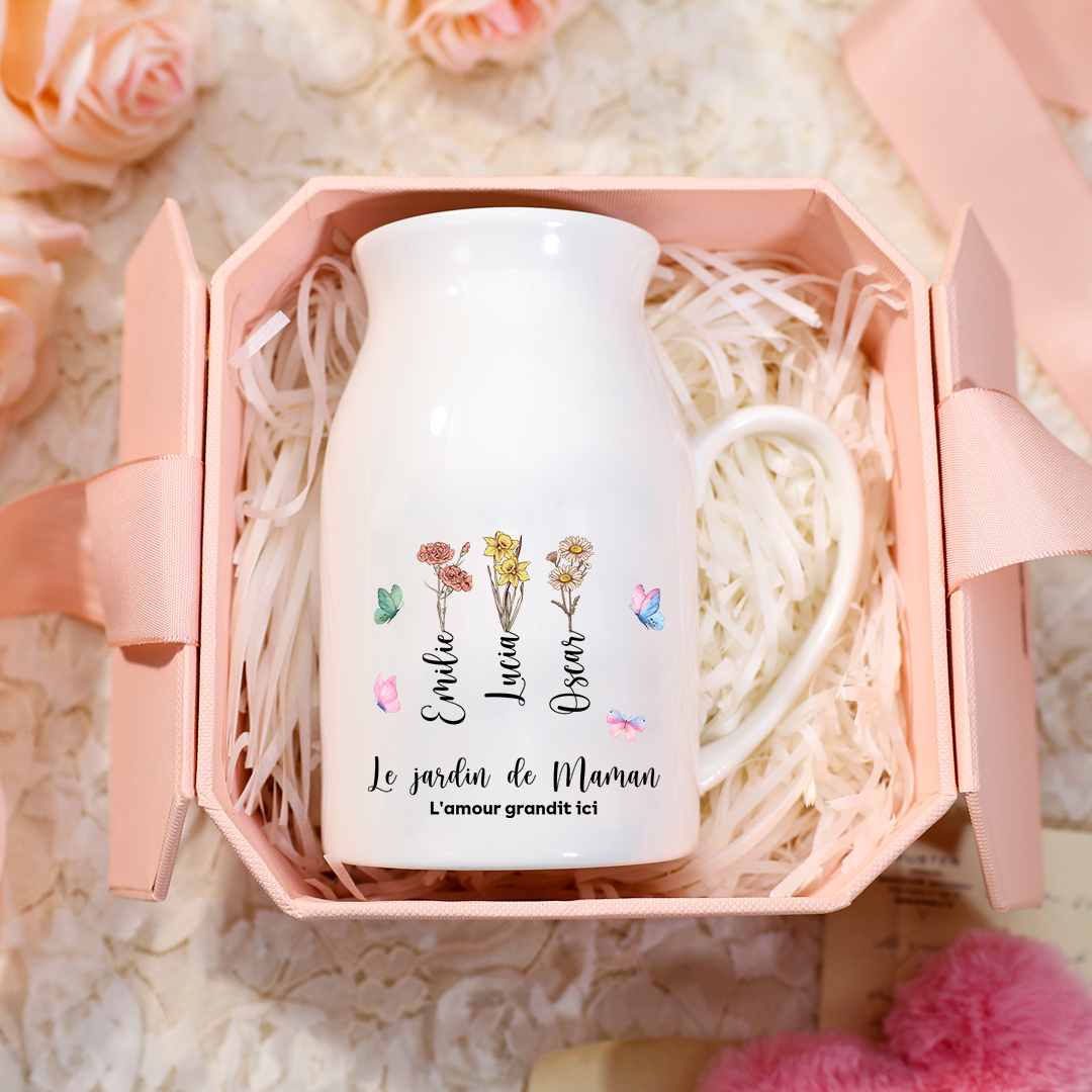 Vase Personnalisé avec 1-10 Prénoms et 2 Textes Vase en Céramique Motif Fleurs et Papillons (sans fleurs) | Jessemade