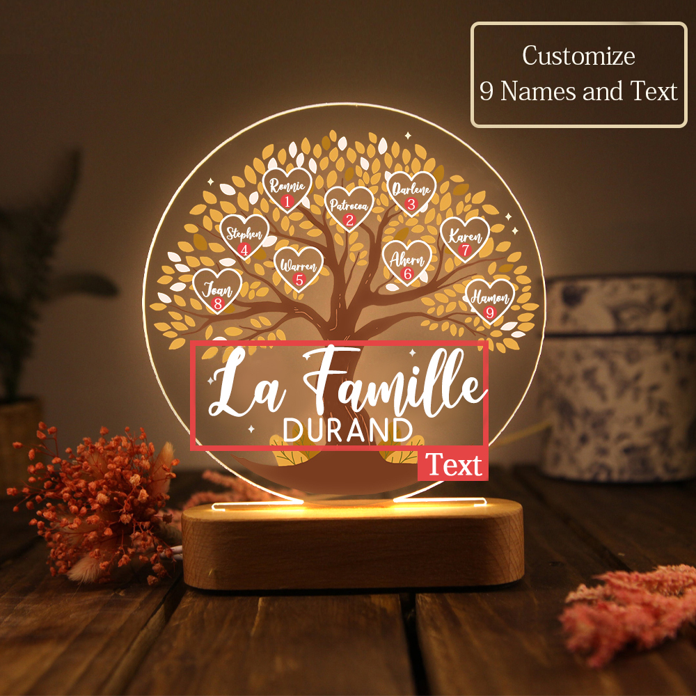 Lampe de chevet Arbre de Vie LED Lumières 9 Prénoms et 1 Texte Personnalisés pour Famille