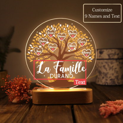 Lampe de chevet Arbre de Vie LED Lumières 9 Prénoms et 1 Texte Personnalisés pour Famille