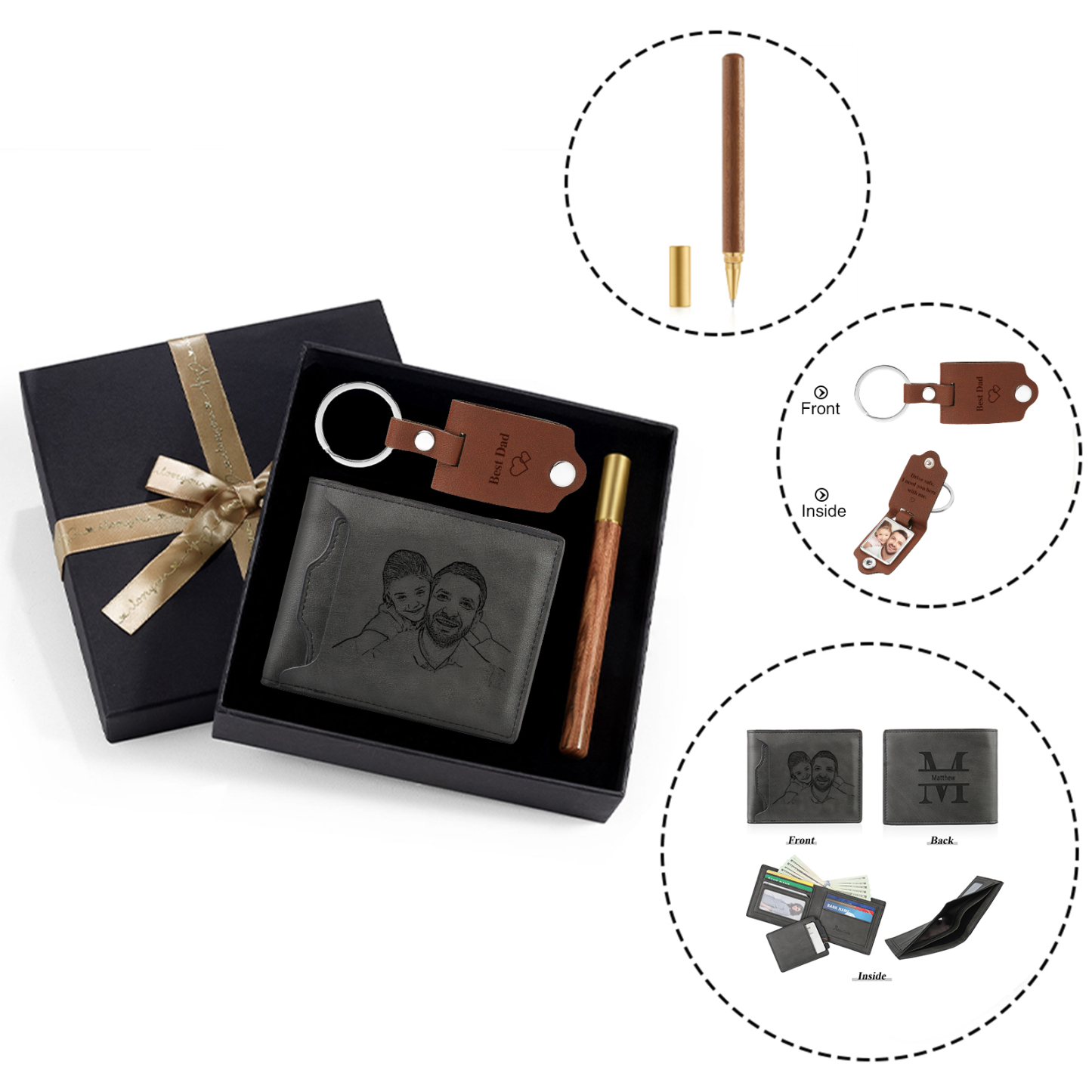 Coffret Cadeau 3PCS - Portefeuille classique Porte-Clés et Stylo 1 Prénom et Lettre Personnalisés avec 2 Textes et 2 Photos Coffret Cadeau pour Homme