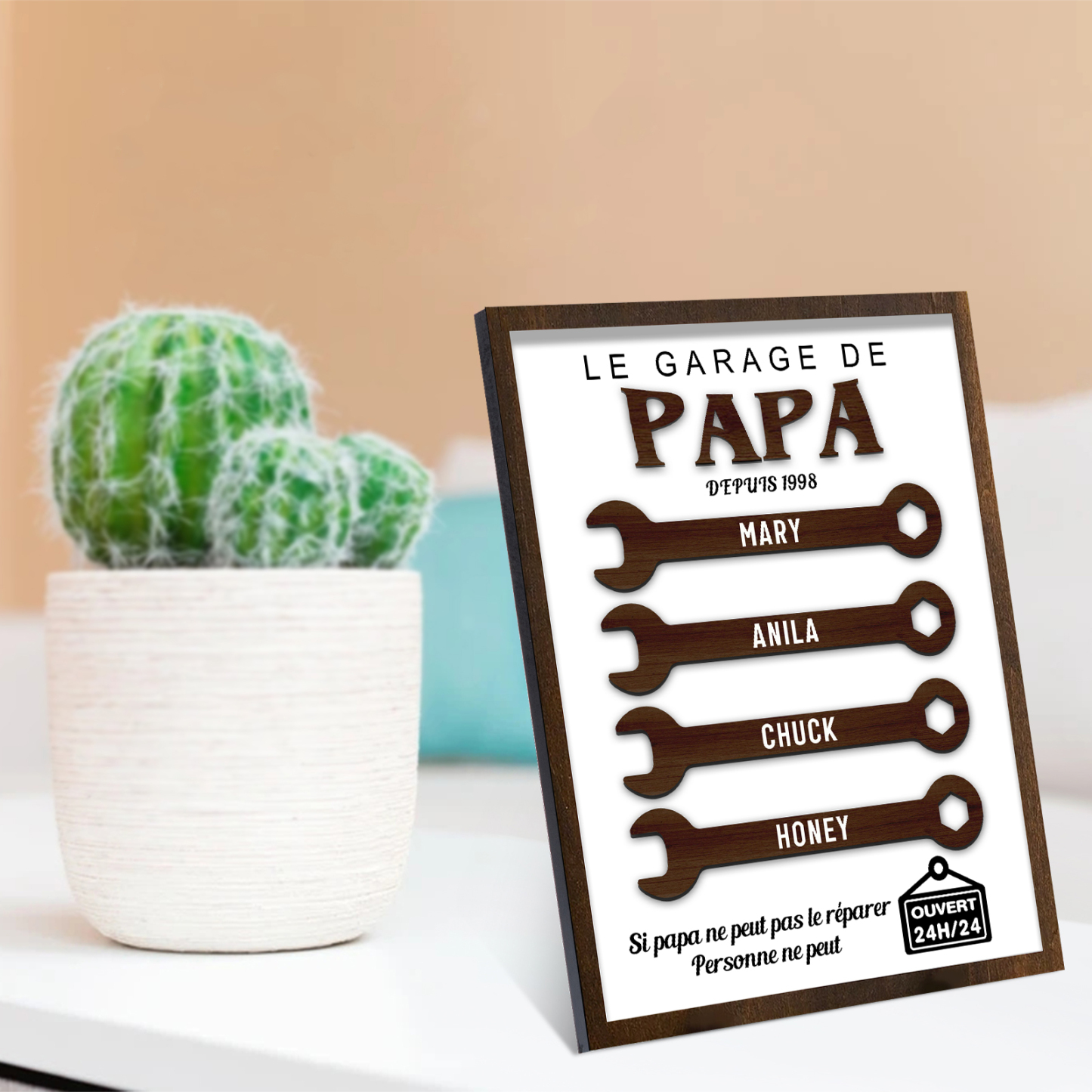 À Mon Papa-Cadre en Bois Garage 4 Prénoms Personnalisés