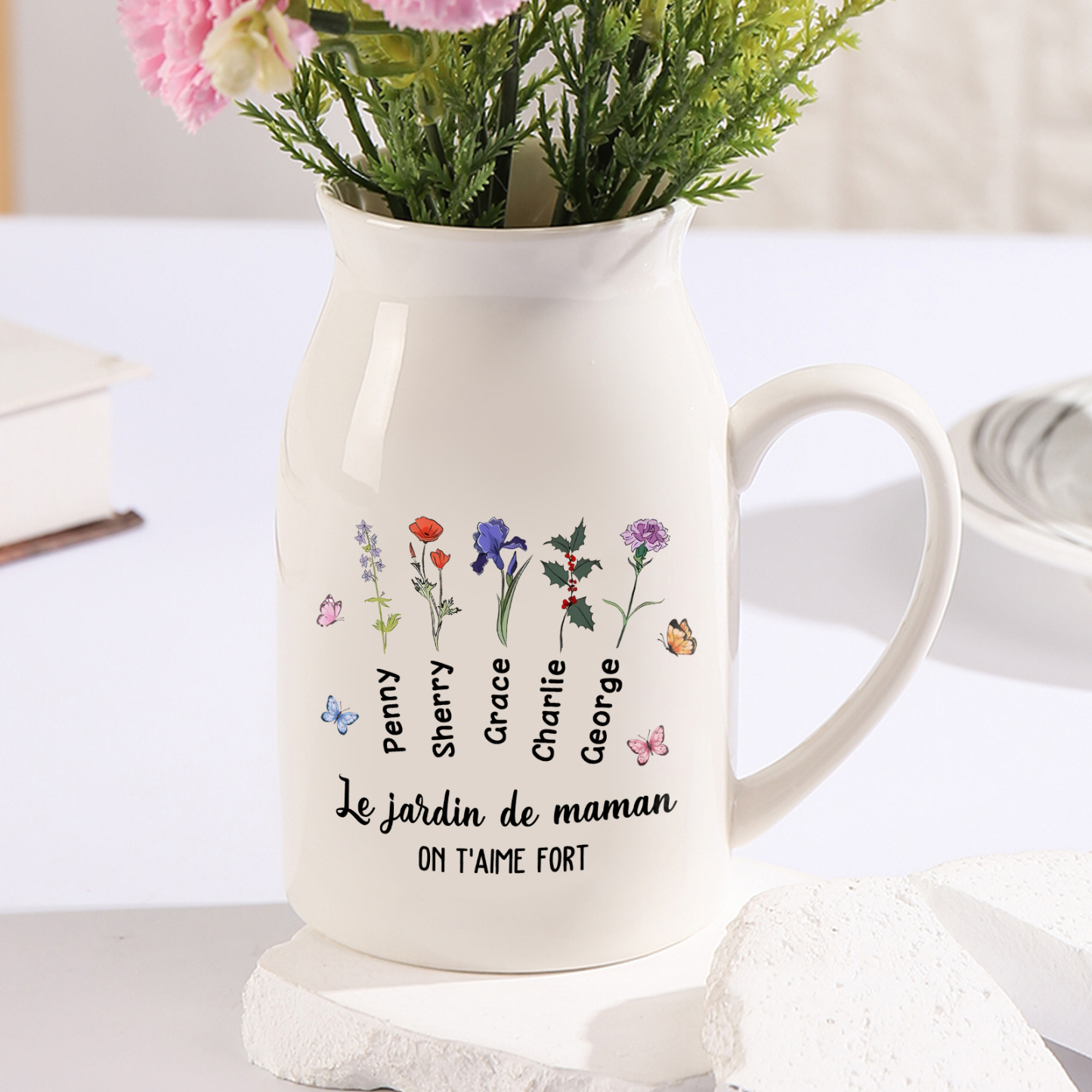 Vase à Fleurs Papillon 5 Prénoms et Fleurs de Naissance Personnalisés avec 2 Textes Décoration de la Maison