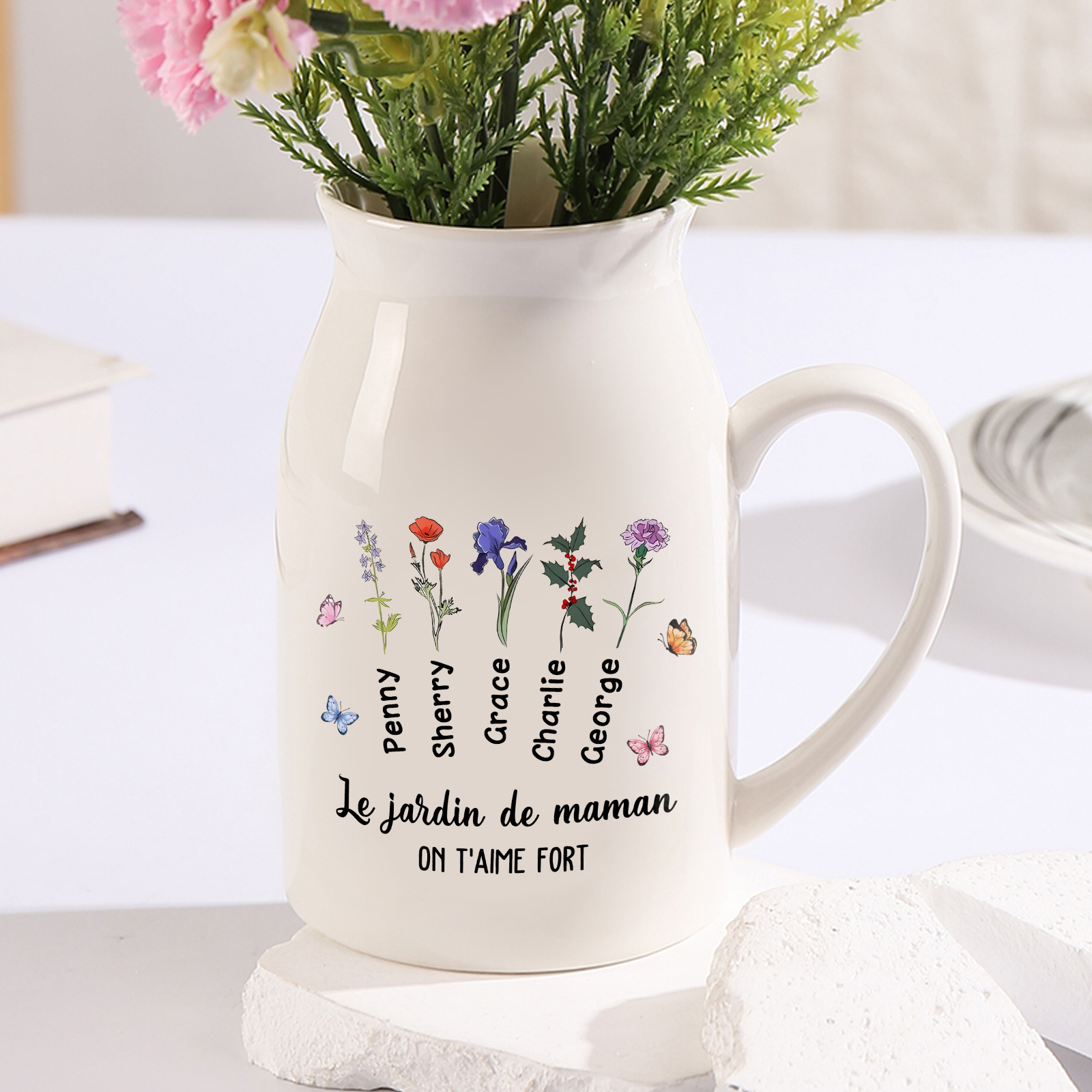 Vase à Fleurs Papillon 5 Prénoms et Fleurs de Naissance Personnalisés avec 2 Textes Décoration de la Maison