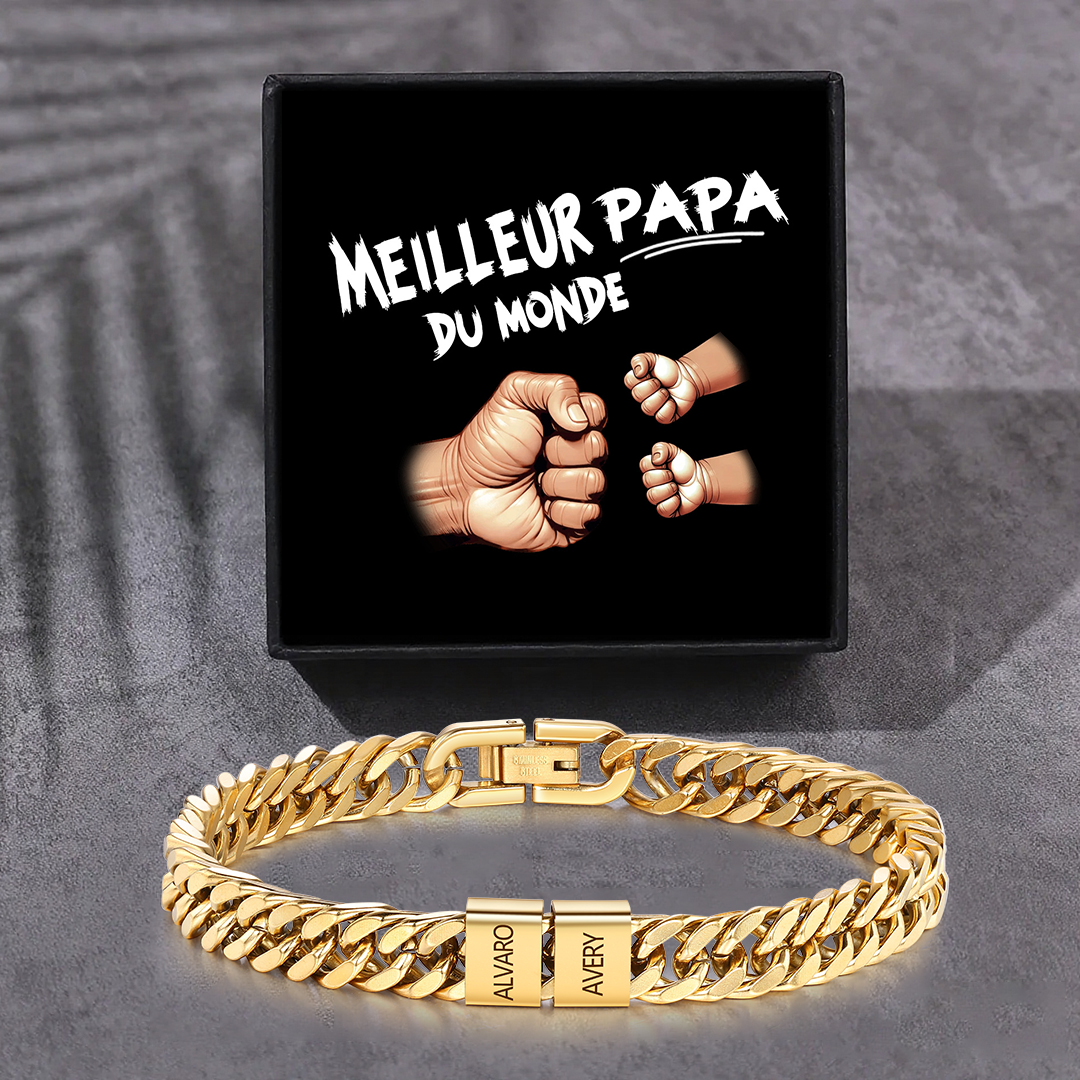 Bracelet Cubain Personnalisé pour Papa, couleurs argent/or/noir