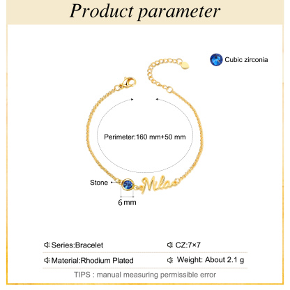 Bracelet Breloque 1 Prénom Personnalisé avec 1 Pierre de Naissance
