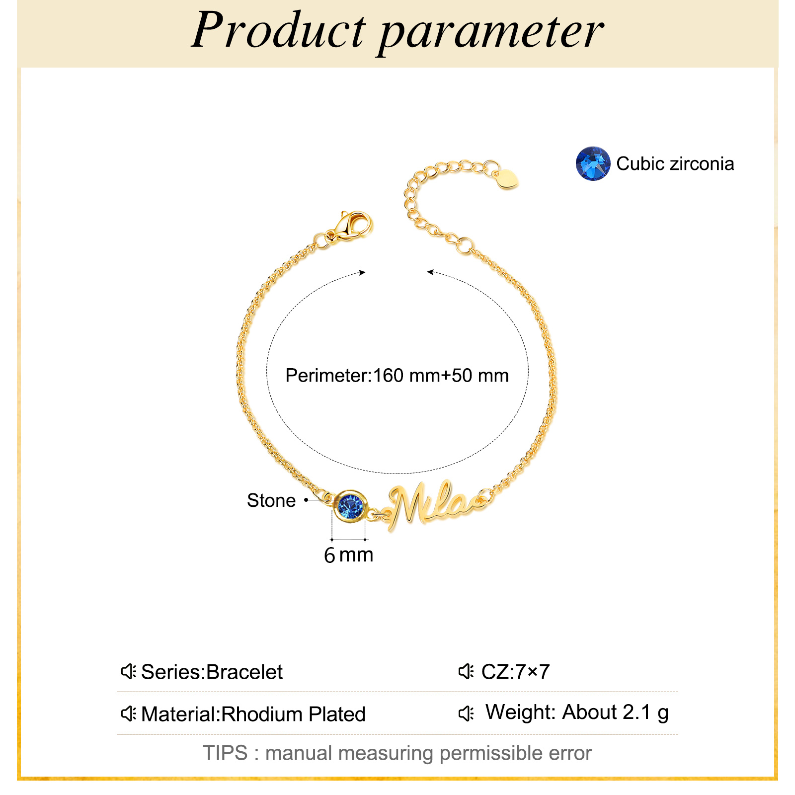 Bracelet Breloque 1 Prénom Personnalisé avec 1 Pierre de Naissance pour Femmes