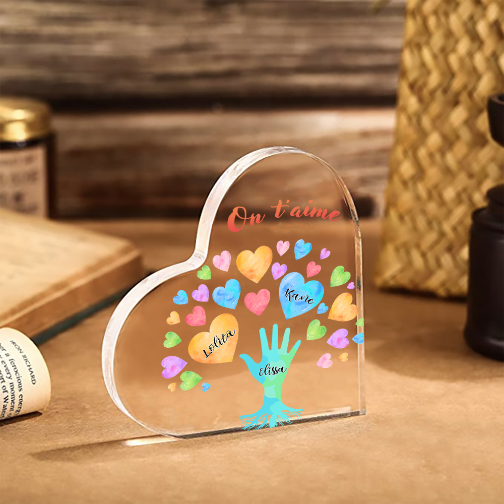 Plaque Acrylique en Forme de Cœur 3 Prénoms Personnalisés avec Texte pour Famille
