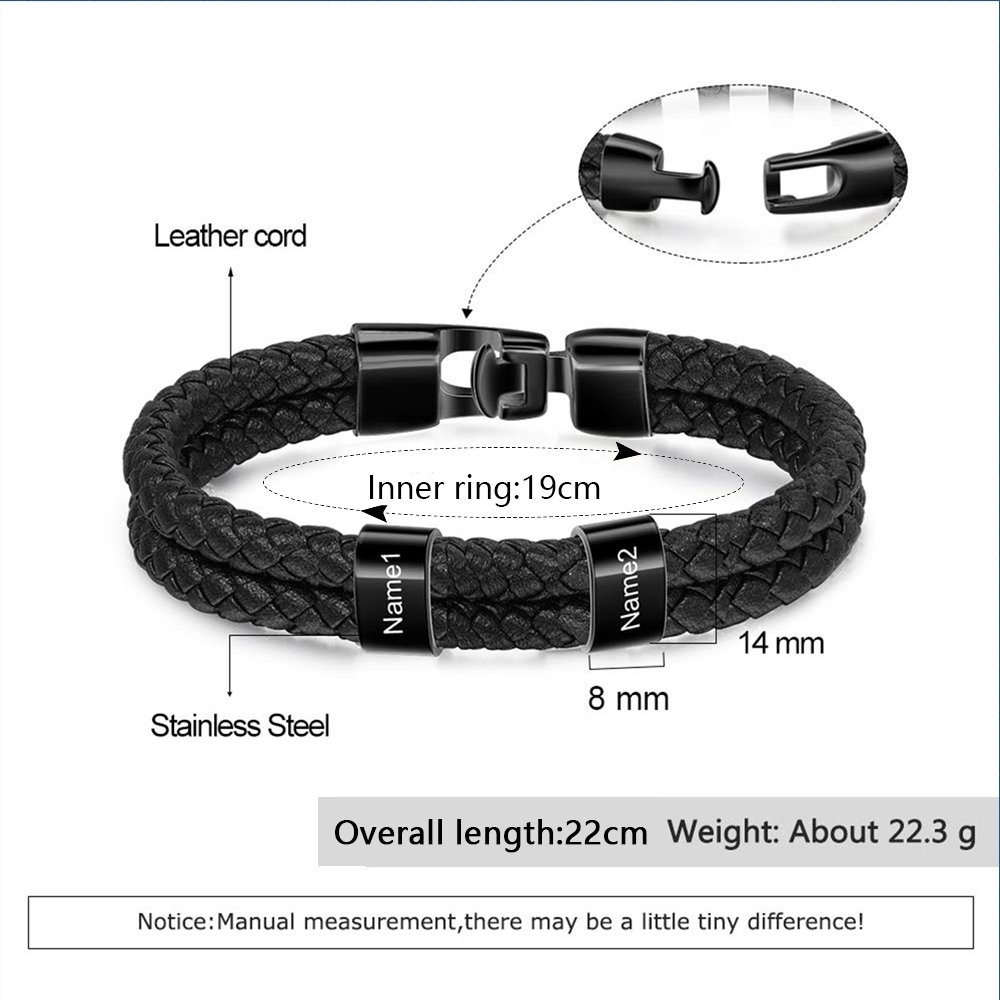 À mon Papa - Bracelet Personnalisé Homme Bracelet Cuir tressé 2 Perles et Prénoms Personnalisé|Jessemade