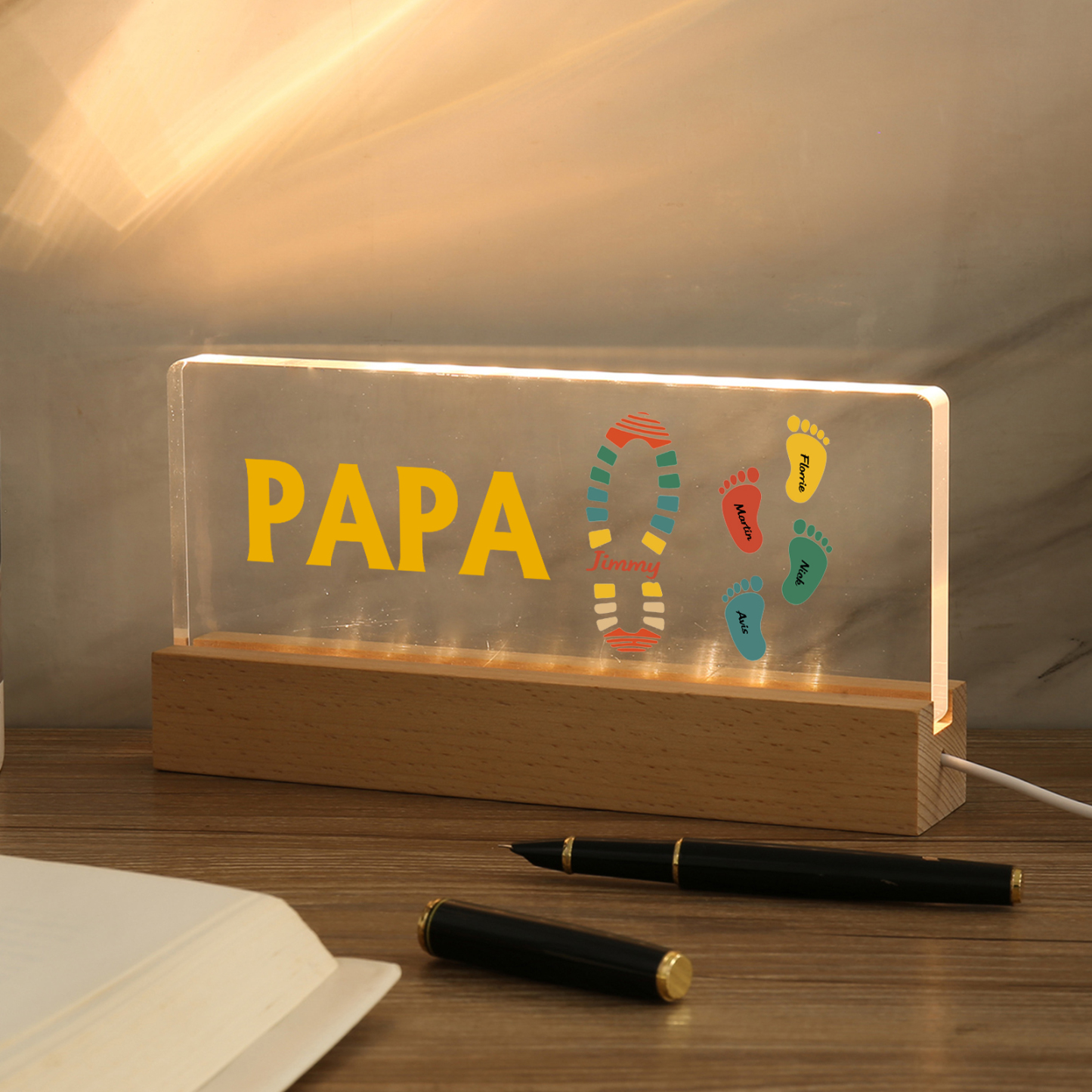 À mon Papa/Papi- Lampe de chevet LED Pieds Bébé 5 Prénoms Personnalisés avec Texte