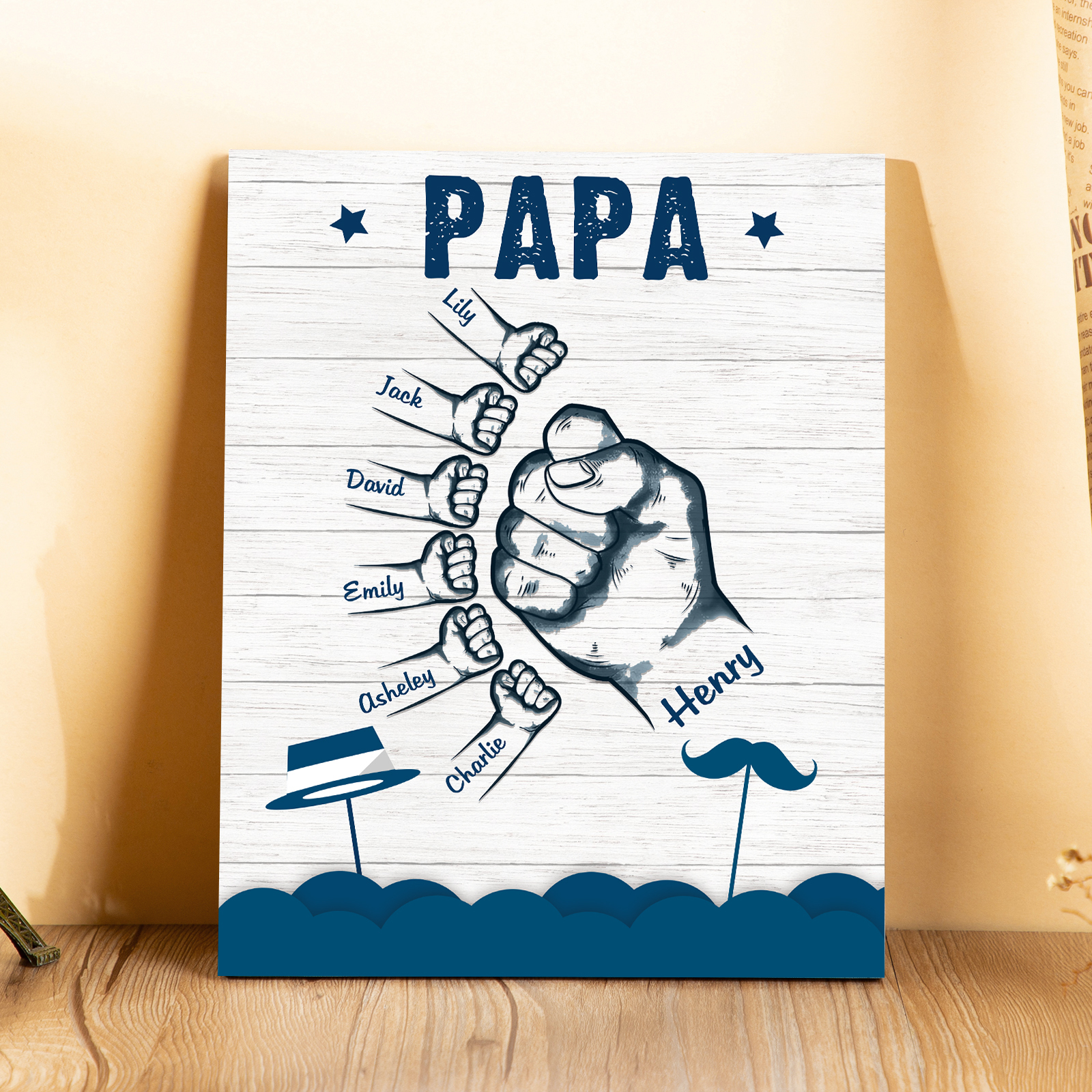 À Mon Papa/Papi-Cadre en Bois Poings 7 Prénoms Personnalisés avec Texte