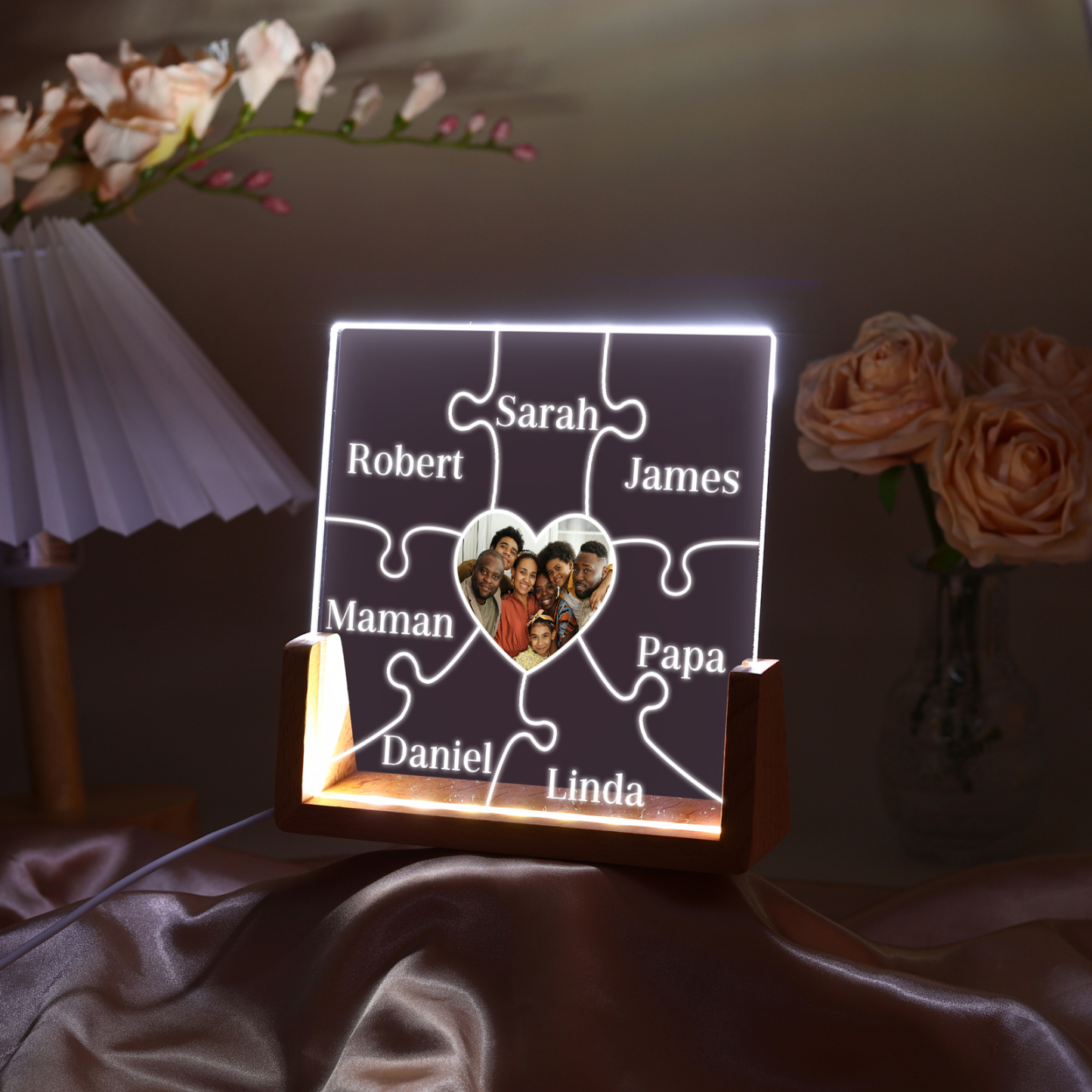 Lampe de chevet LED Puzzles 7 Prénoms Personnalisés avec Photo pour Famille