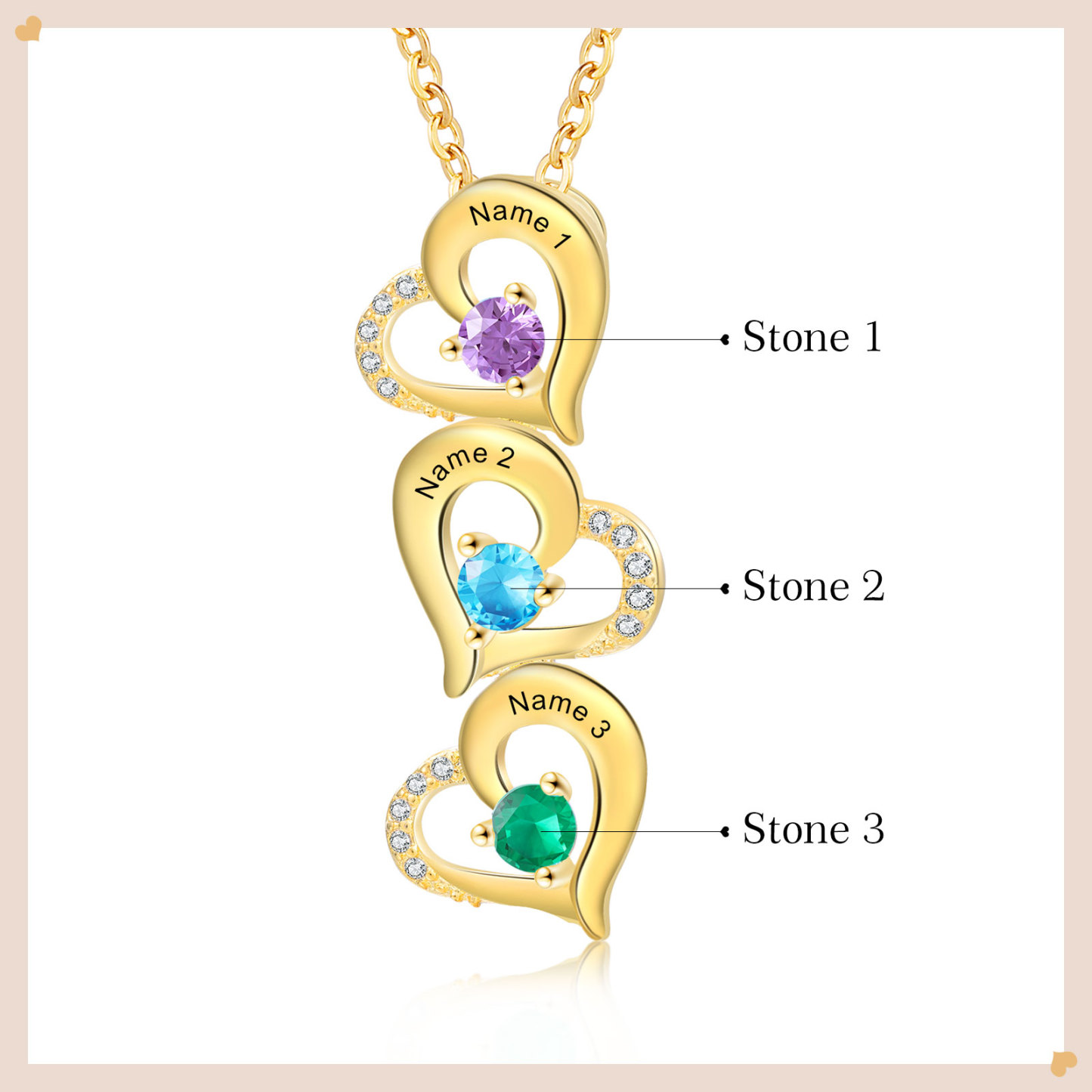 Collier Pendentif Cœur 3 Prénoms Personnalisés avec Pierre de naissance pour Femmes