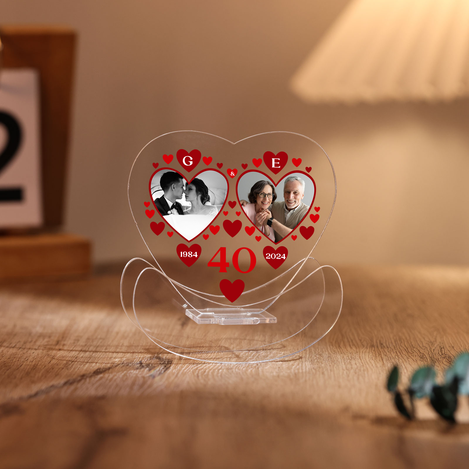Ornements Panneau Acrylique 2 Lettres et Photos Personnalisées avec Nombre et Année pour Couple