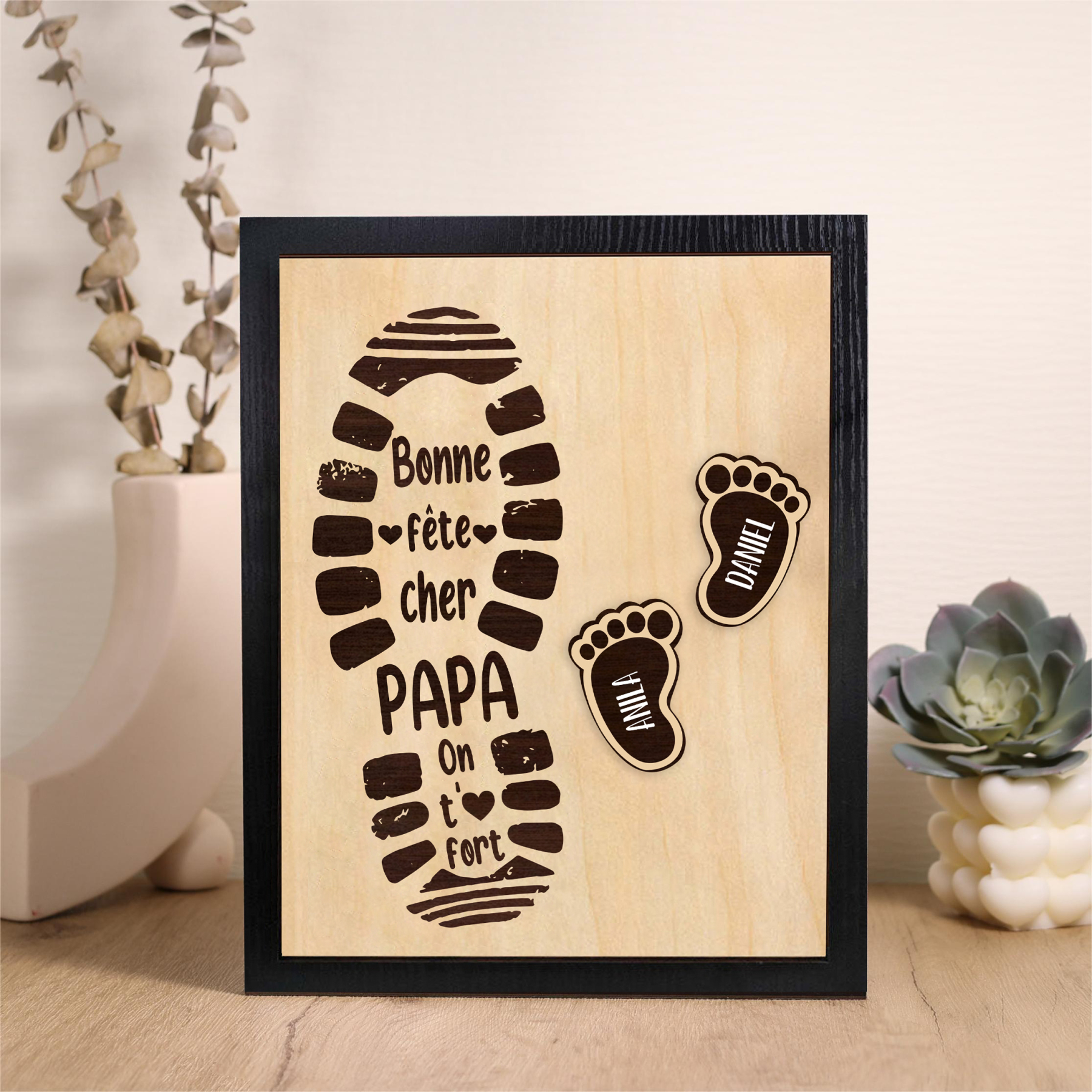 À Mon Papa-Cadre en Bois Pieds Bébé 2 Prénoms Personnalisés