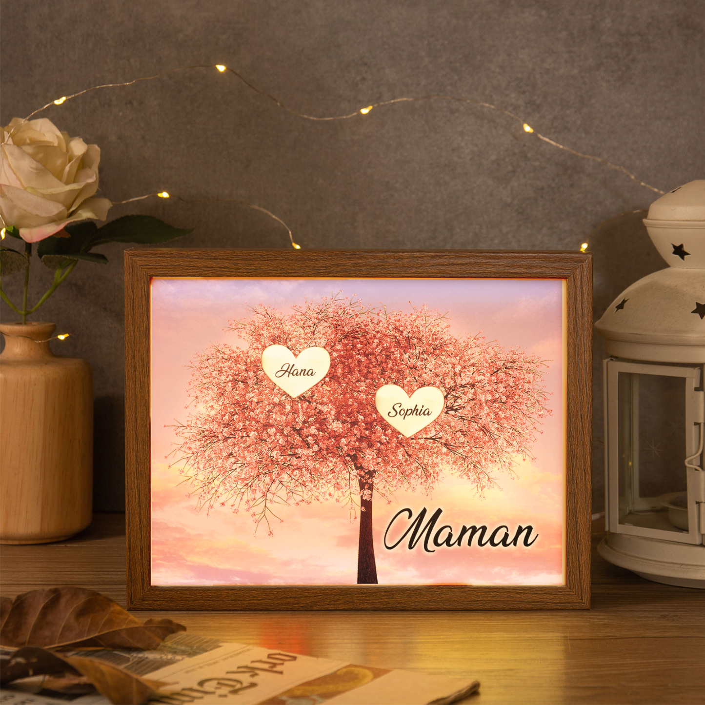 Cadre Photo LED Arbre de Vie 2 Prénoms et 1 Texte Personnalisé Décoration Famille